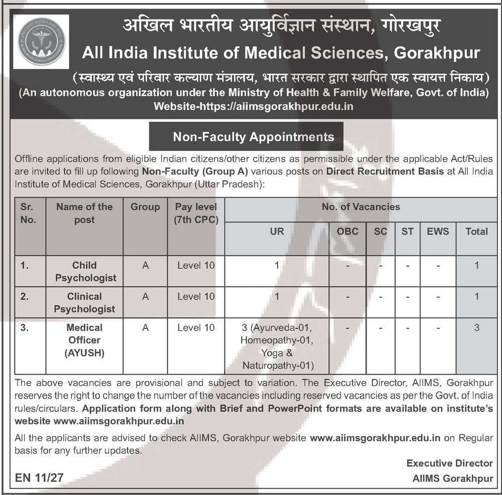 AIIMS Gorakhpur Non-Faculty Recruitment 2026 - 5 Posts (Child Psychologist, Clinical Psychologist, Medical Officer AYUSH) — official Employment News notification (EN 11/27)