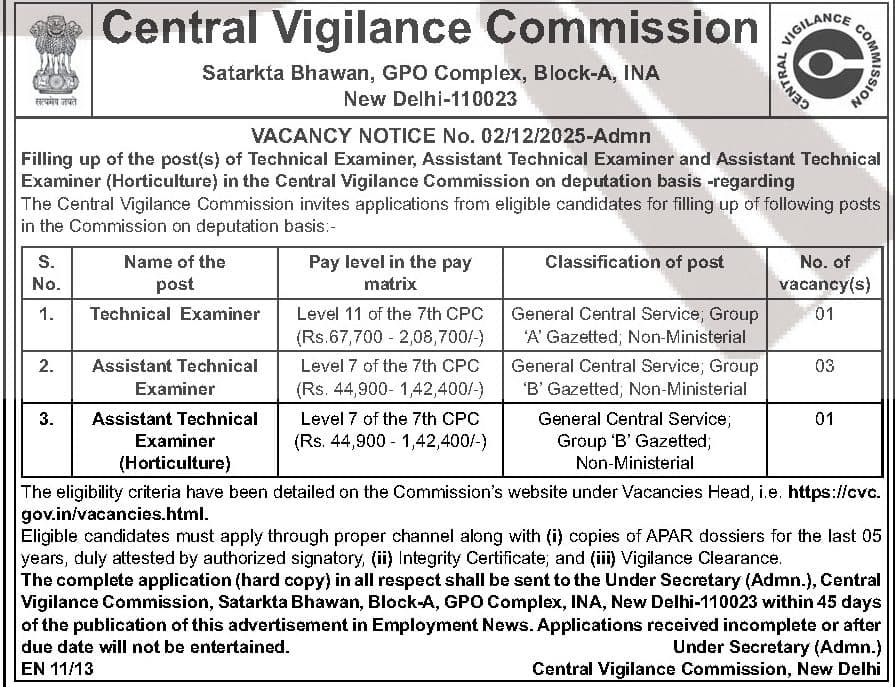Central Vigilance Commission (CVC) Technical Examiner Recruitment 2026 - 5 Posts on Deputation — official Employment News notification (EN 11/13 (Vacancy Notice No. 02/12/2025-Admn))