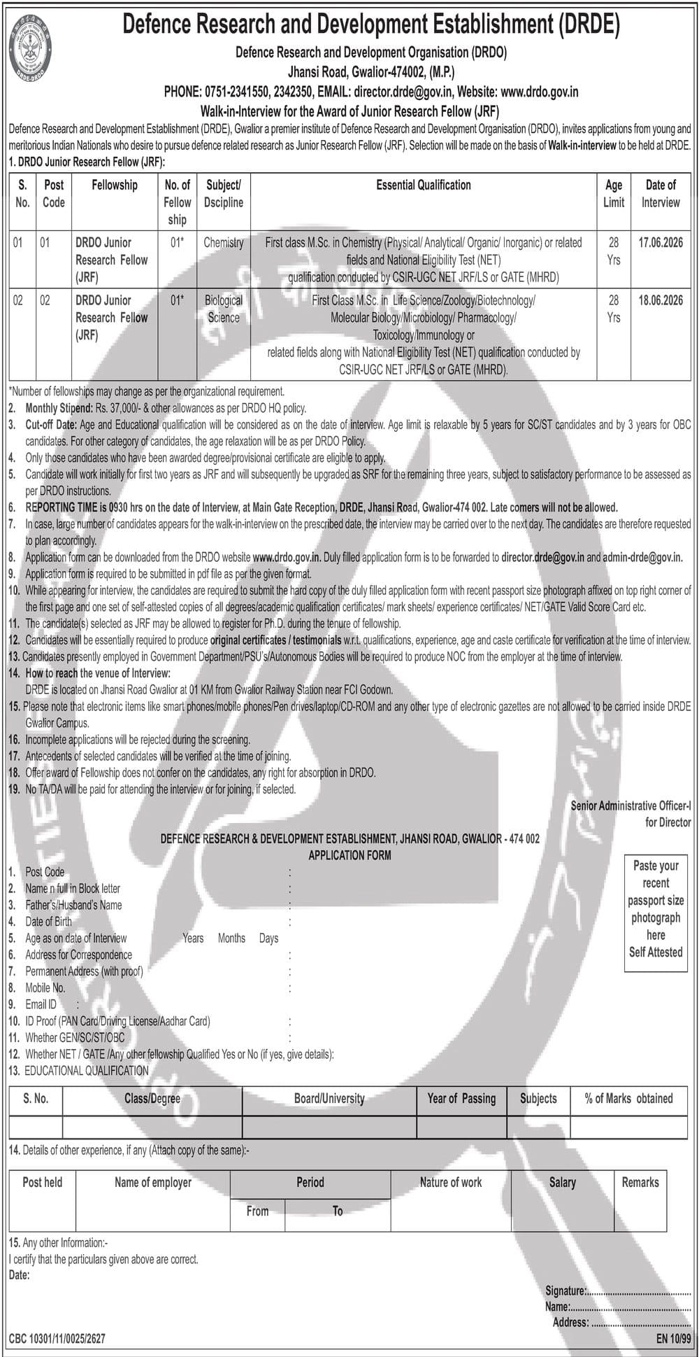 DRDE-DRDO Recruitment 2026 — Junior Research Fellow — official Employment News notification (CBC 10301/11/0025/2627; EN 10/99)