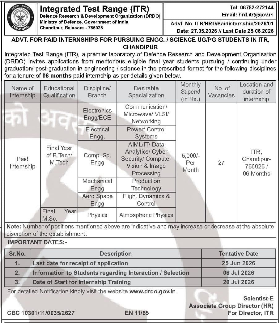 DRDO ITR Chandipur Paid Internship 2026 - 27 Posts for Final Year B.Tech/M.Tech/M.Sc Students, Apply by 25 June — official Employment News notification (EN 11/85 (Advt. No. ITR/HRD/PaidInternship/2026/01))