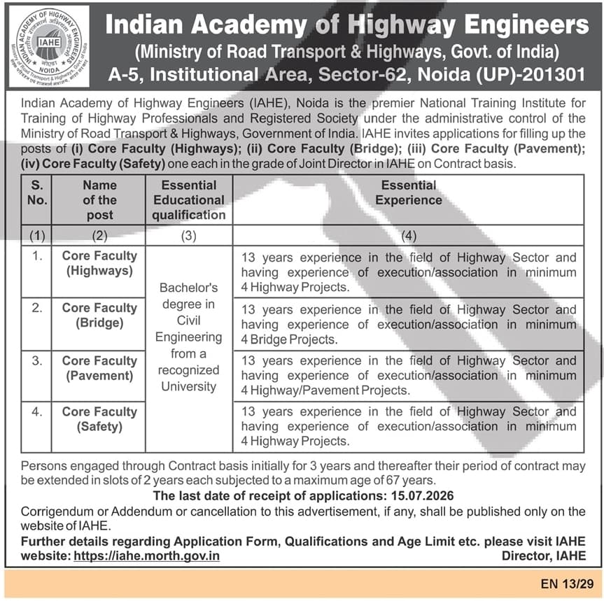 Core Faculty Recruitment - Indian Academy of Highway Engineers (IAHE) — official Employment News notification (EN 13/29)