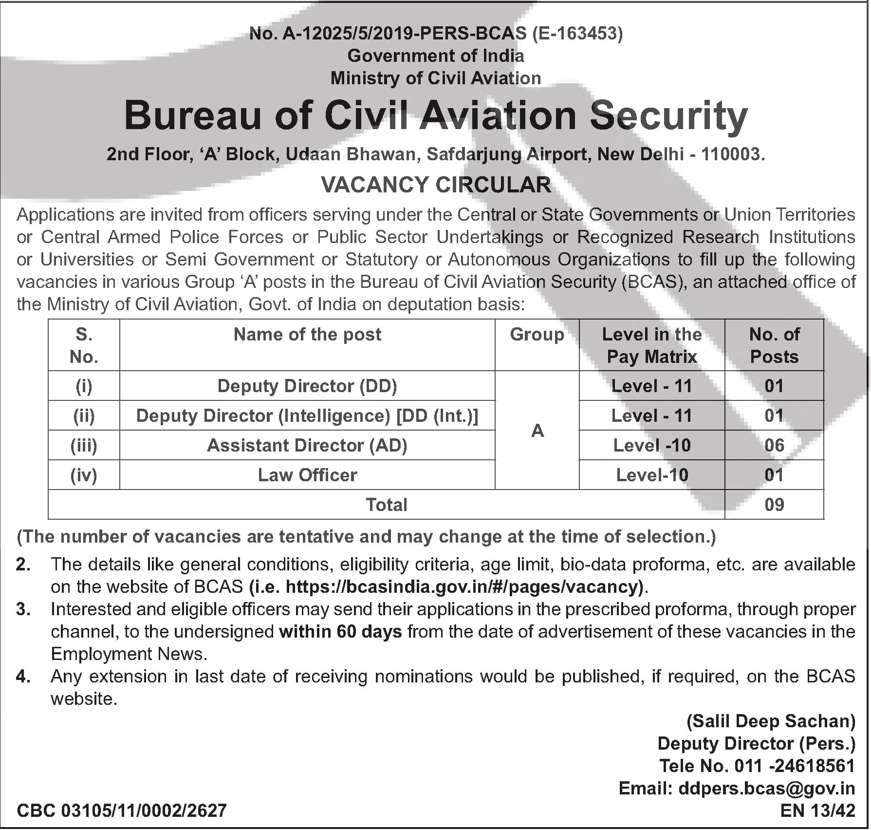 BCAS Recruitment 2019 - Deputy Director, Assistant Director & Law Officer (9 Vacancies) — official Employment News notification (No. A-1202E/5/2019-PERS-BCAS (E-16345))