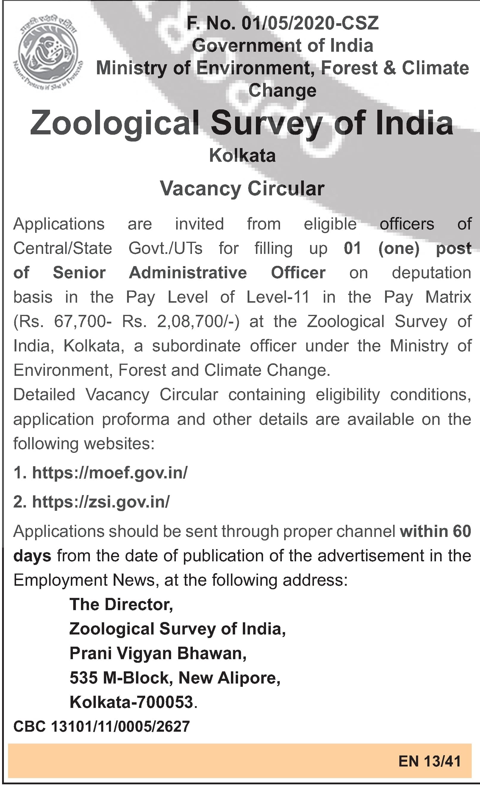 Senior Administrative Officer (Deputation) at Zoological Survey of India — official Employment News notification (EN 13/41)