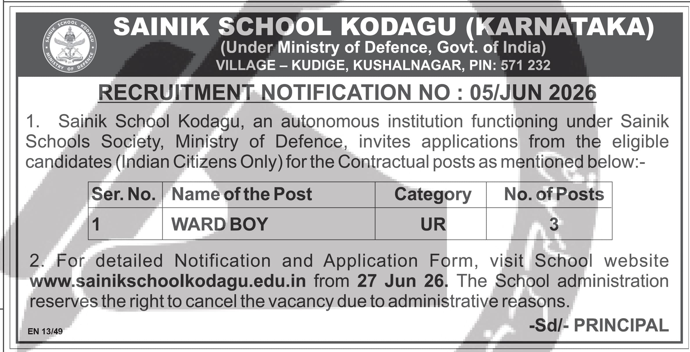 Ward Boy Recruitment at Sainik School Kodagu 2026 — official Employment News notification (05/JUN 2026)