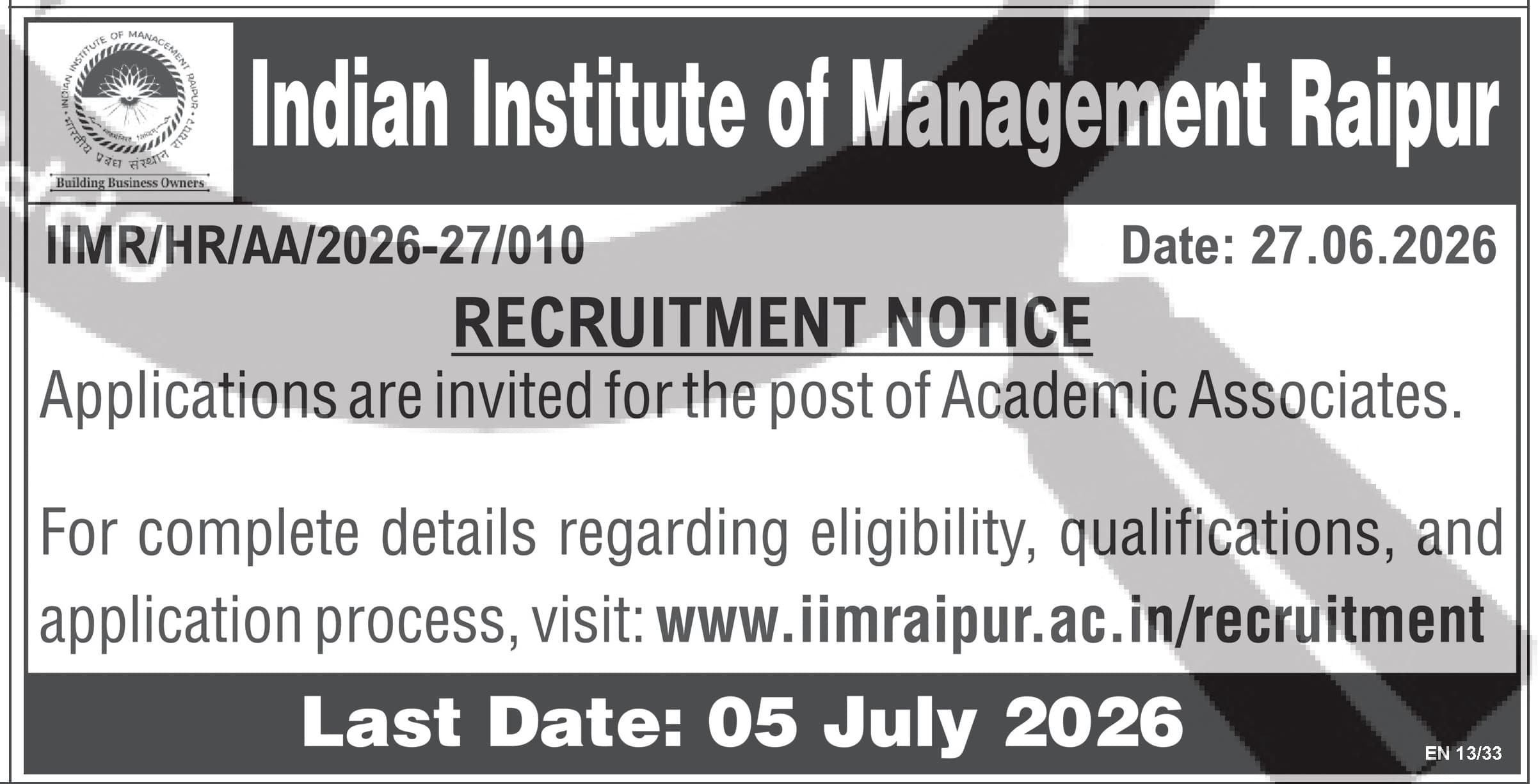 Indian Institute of Management Raipur - Recruitment Notice for Academic Associates — official Employment News notification (IIMR/HR/AA/2026-27/010)