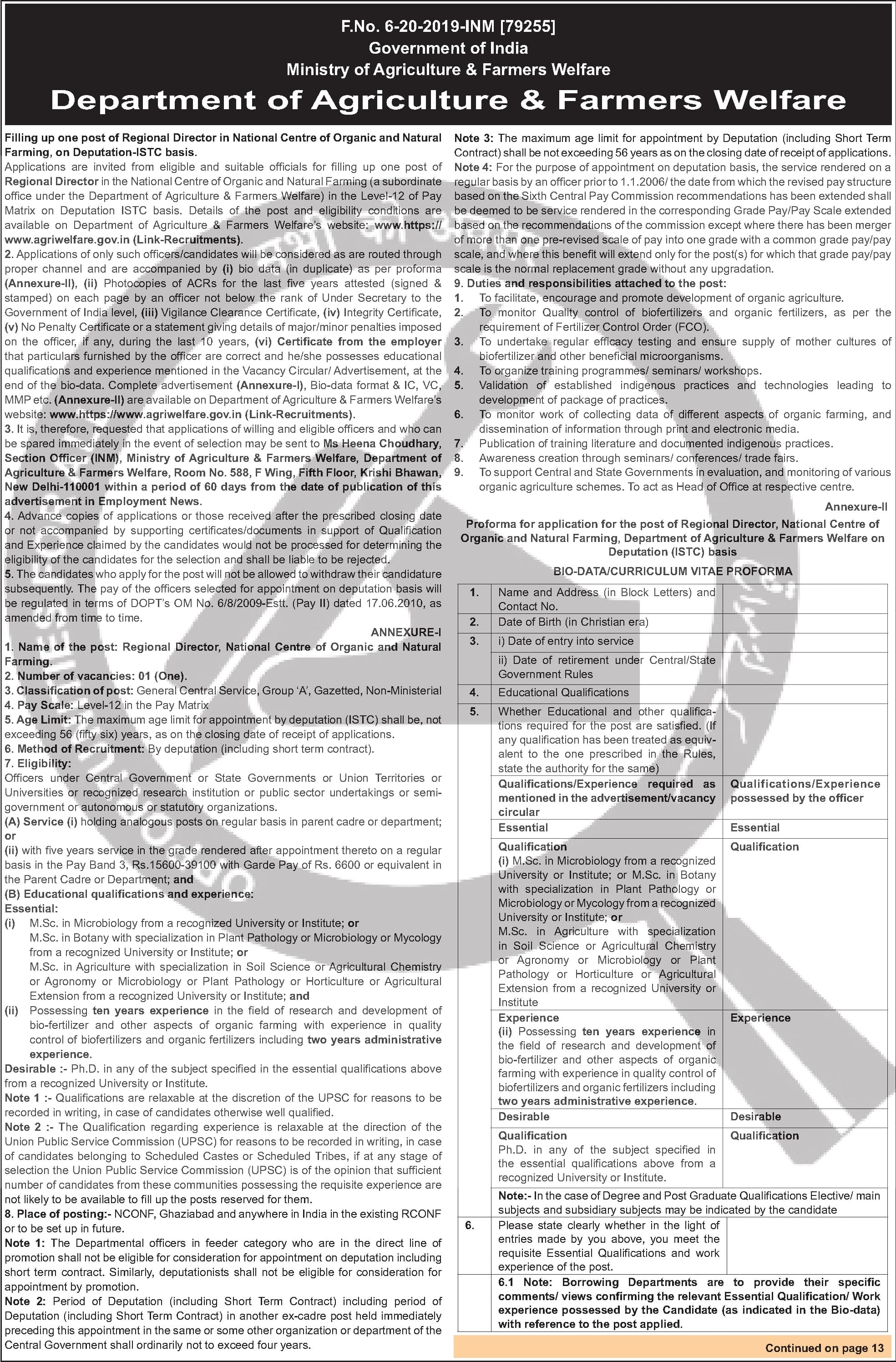 Registrar at National Centre of Organic Farming - Government of India — official Employment News notification (F.No. 6-20-2019-HRM (73255))