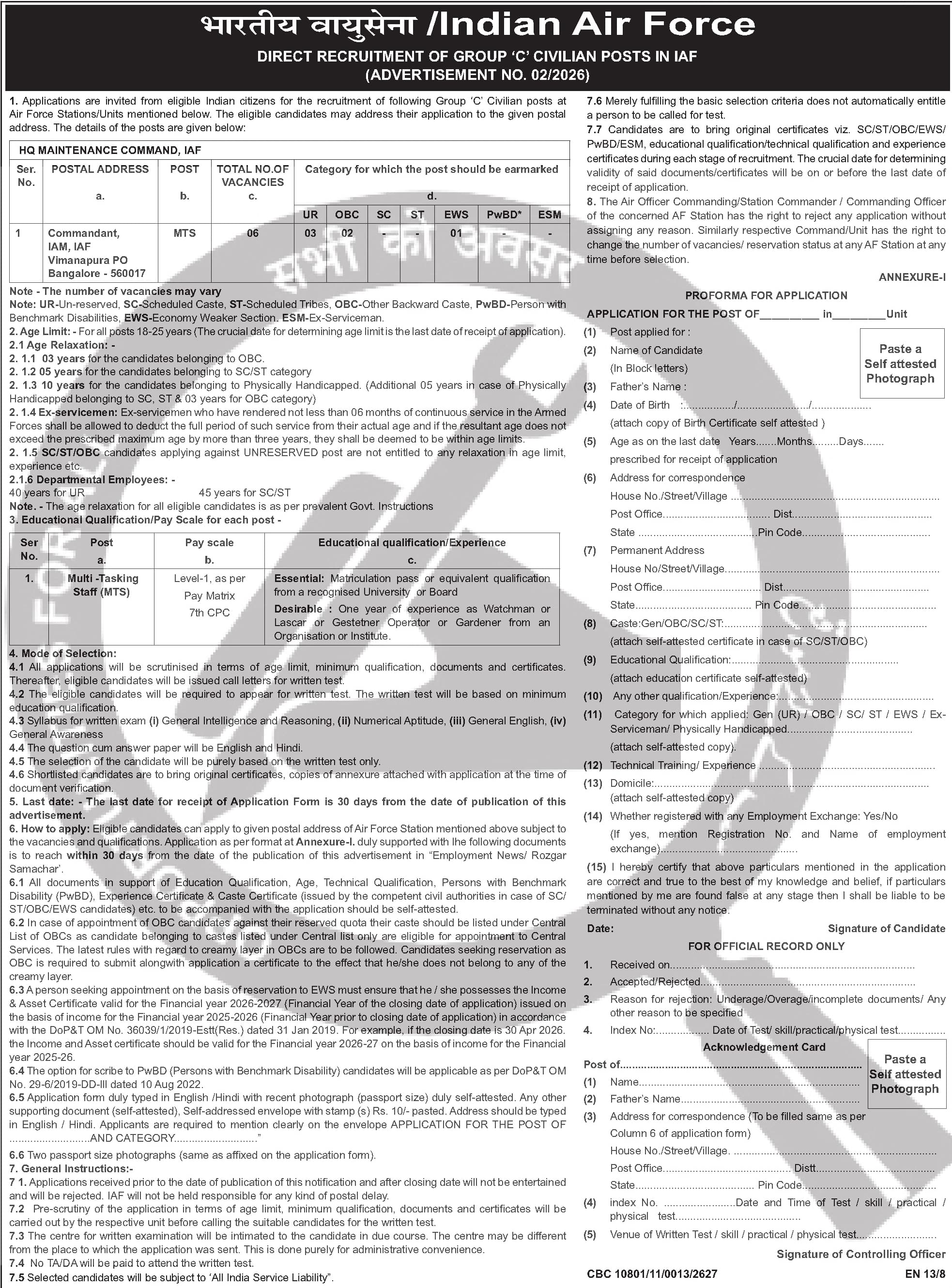 Indian Air Force - Direct Recruitment of Group 'C' Civilian Posts in IAF, Advertisement No. 02/2026 - Multi-Tasking Staff (MTS) (08 posts) — official Employment News notification (02/2026)