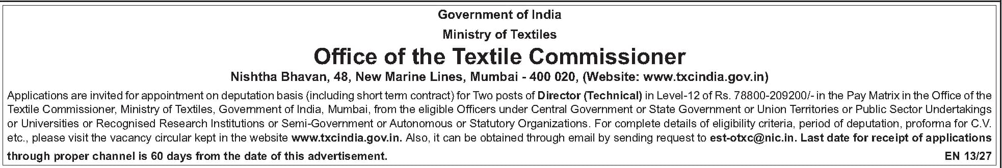 Director (Technical) - Ministry of Textiles (On Deputation) — official Employment News notification (EN 13/27)