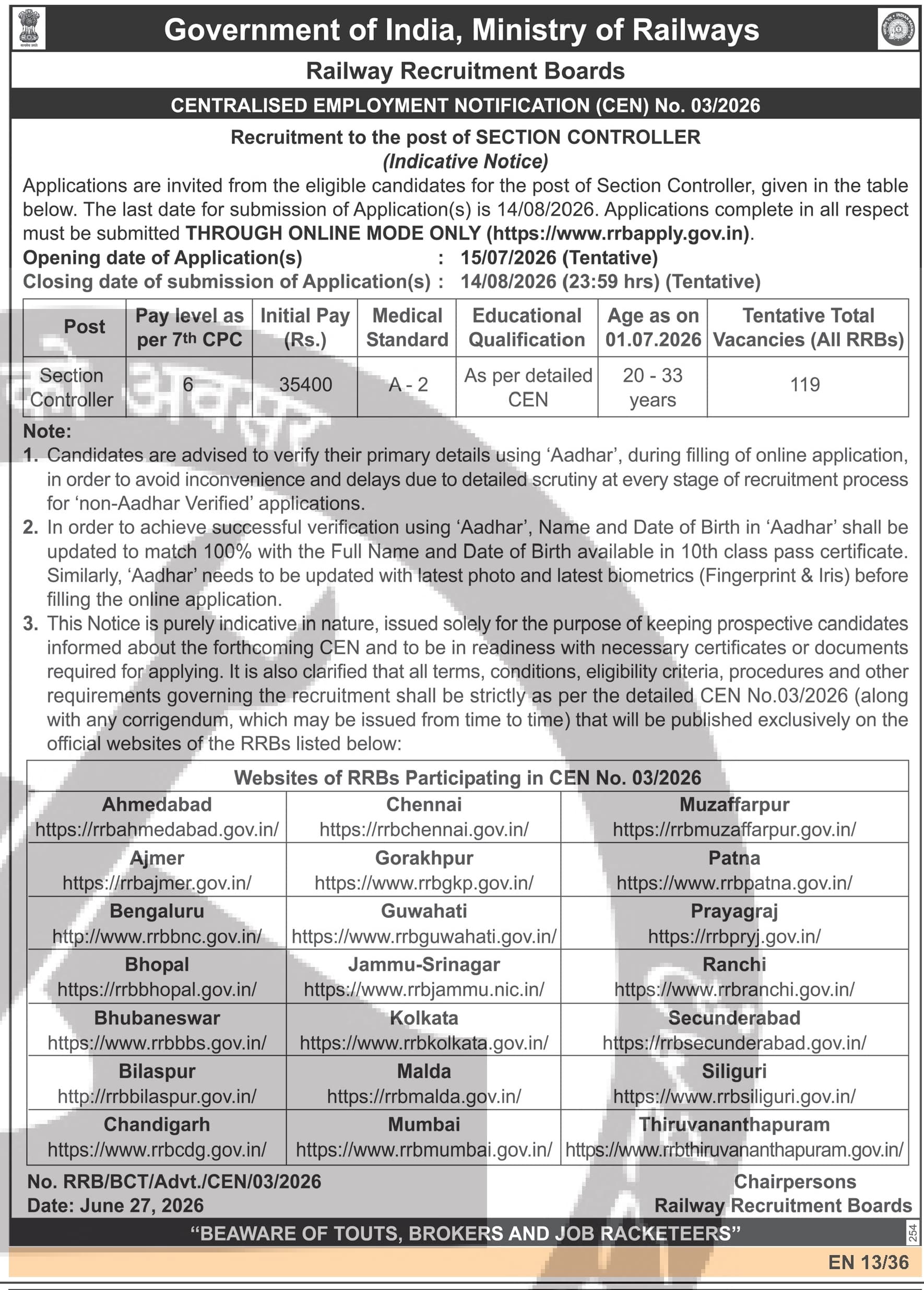 Section Controller Recruitment - Railway Recruitment Board CEN 03/2026 — official Employment News notification (03/2026)