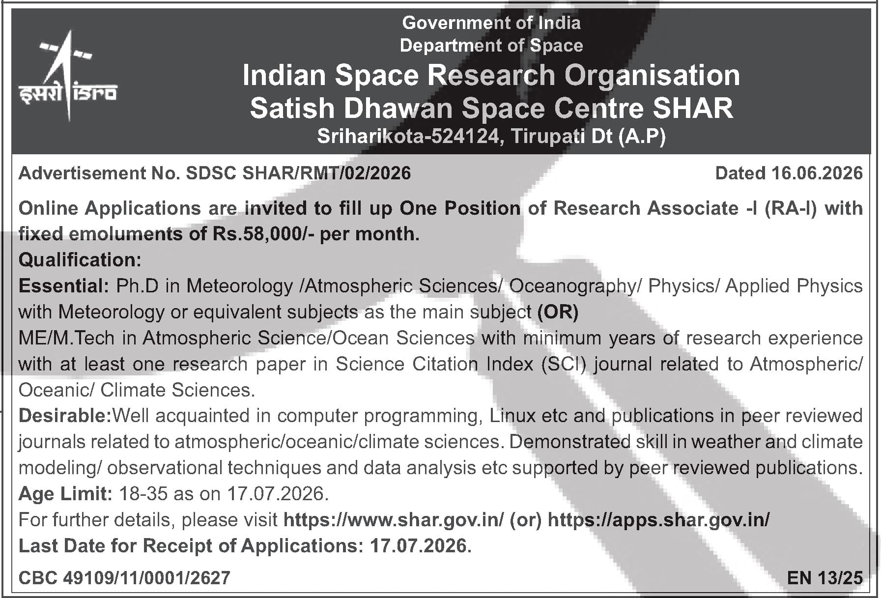 Research Associate - I (RA-I) at ISRO SHAR | Meteorology & Atmospheric Sciences — official Employment News notification (SDSC SHAR/RMT/02/2026)