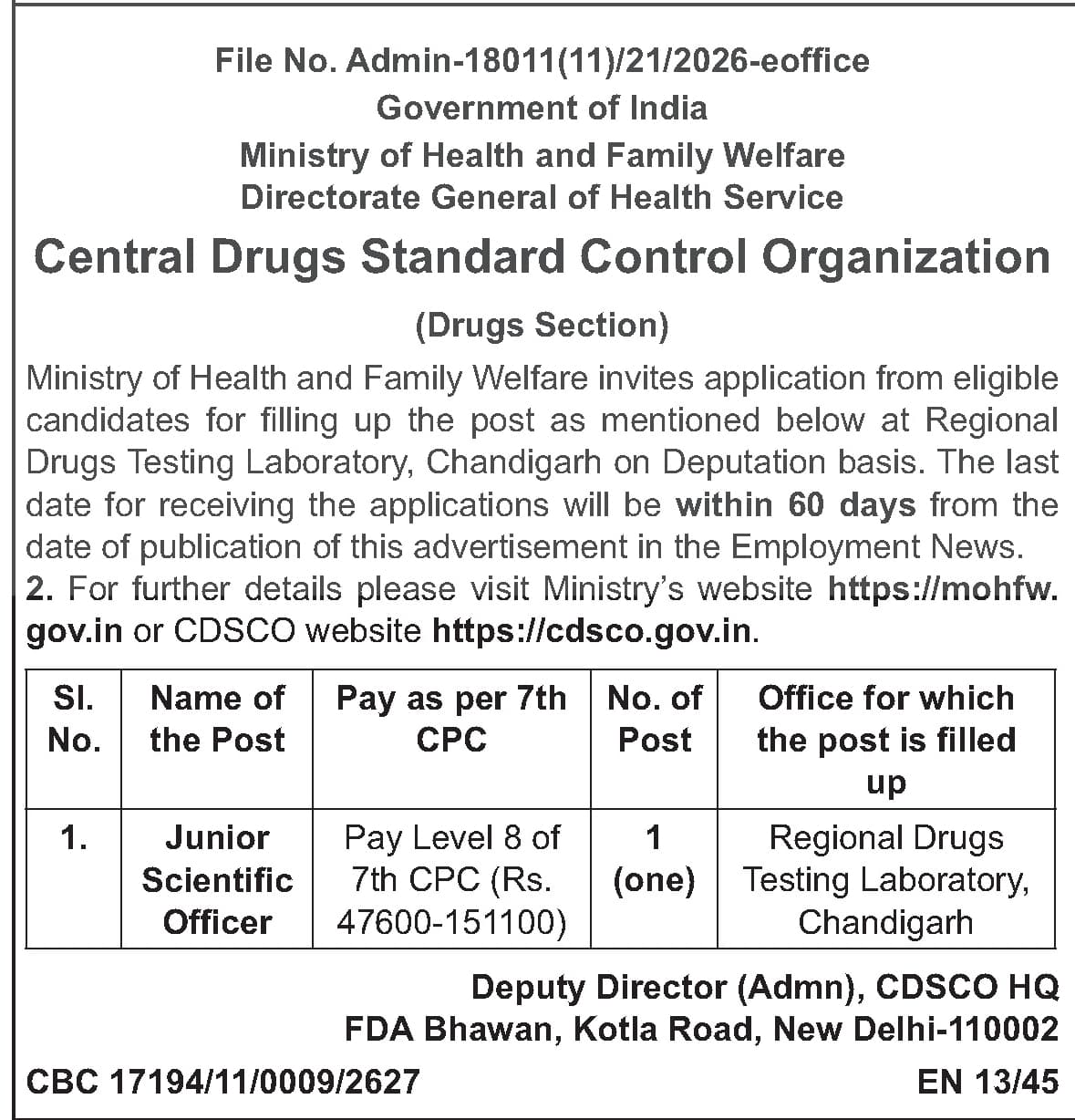 Junior Scientific Officer at CDSCO Regional Drugs Testing Laboratory, Chandigarh — official Employment News notification (Admin-18011(11)/21/2026-eoffice; CBC 17194/11/0009/2627; EN 13/45)