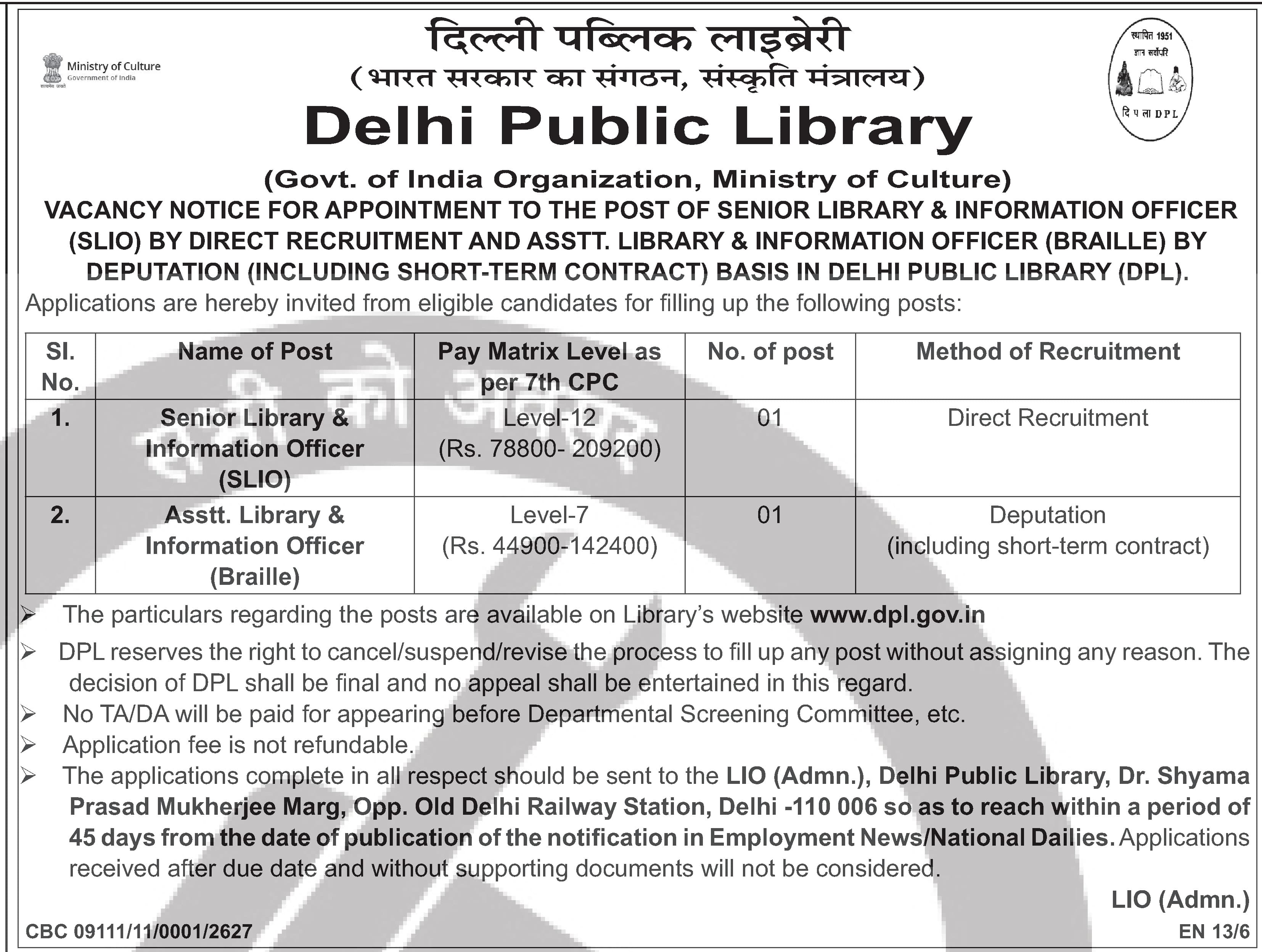 Recruitment: Senior Library & Information Officer and Assistant Library & Information Officer (Braille) at Delhi Public Library — official Employment News notification (CBC 09/11/11/0001/2627, EN 13/6)