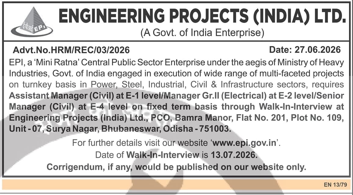 Engineering Projects (India) Ltd. Recruitment 2026 - Manager & Senior Manager Positions — official Employment News notification (HRM/REC/03/2026)