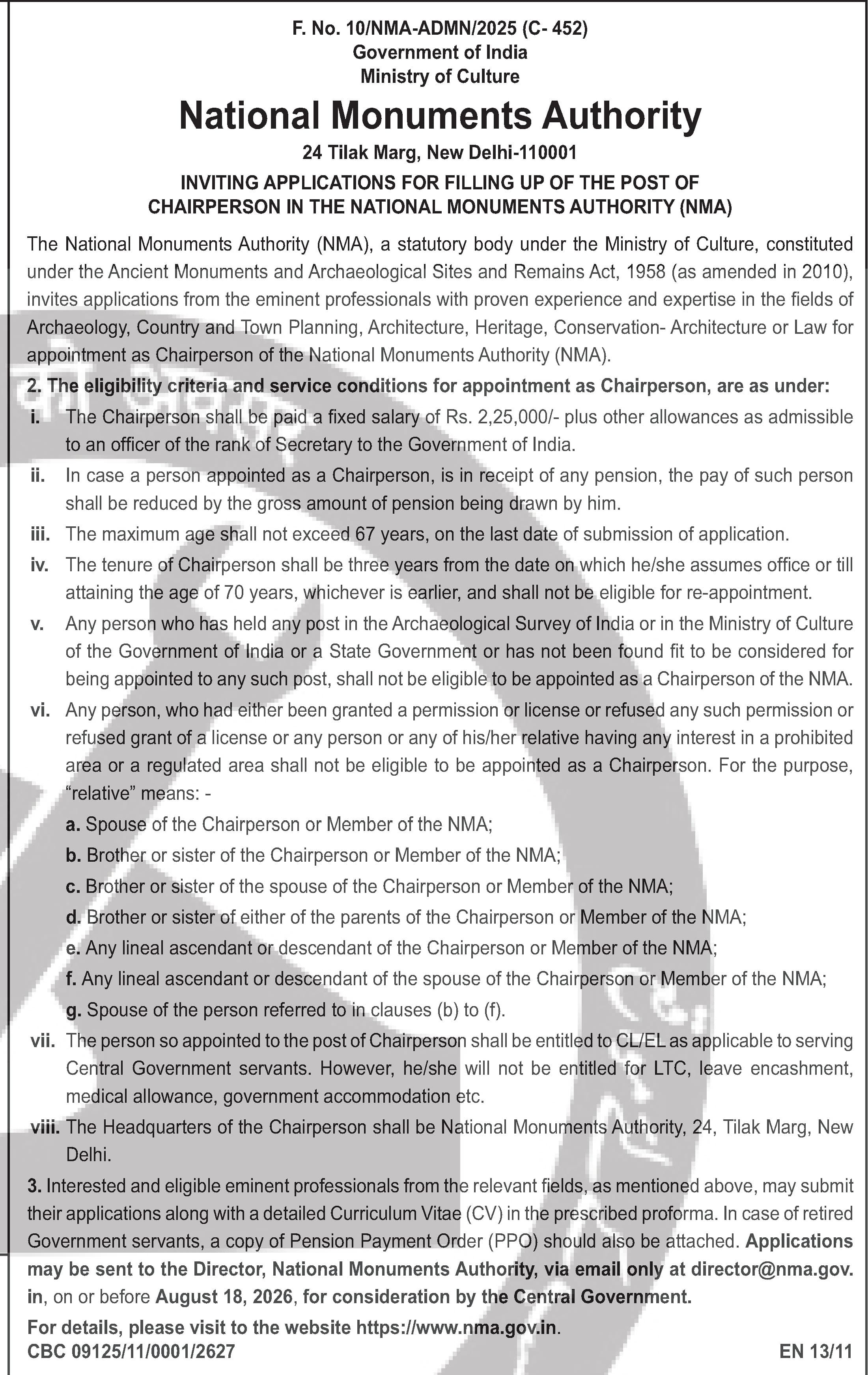 National Monuments Authority Chairperson Recruitment 2025 — official Employment News notification (F.No.10/NMA-ADM/2025 (C-452))