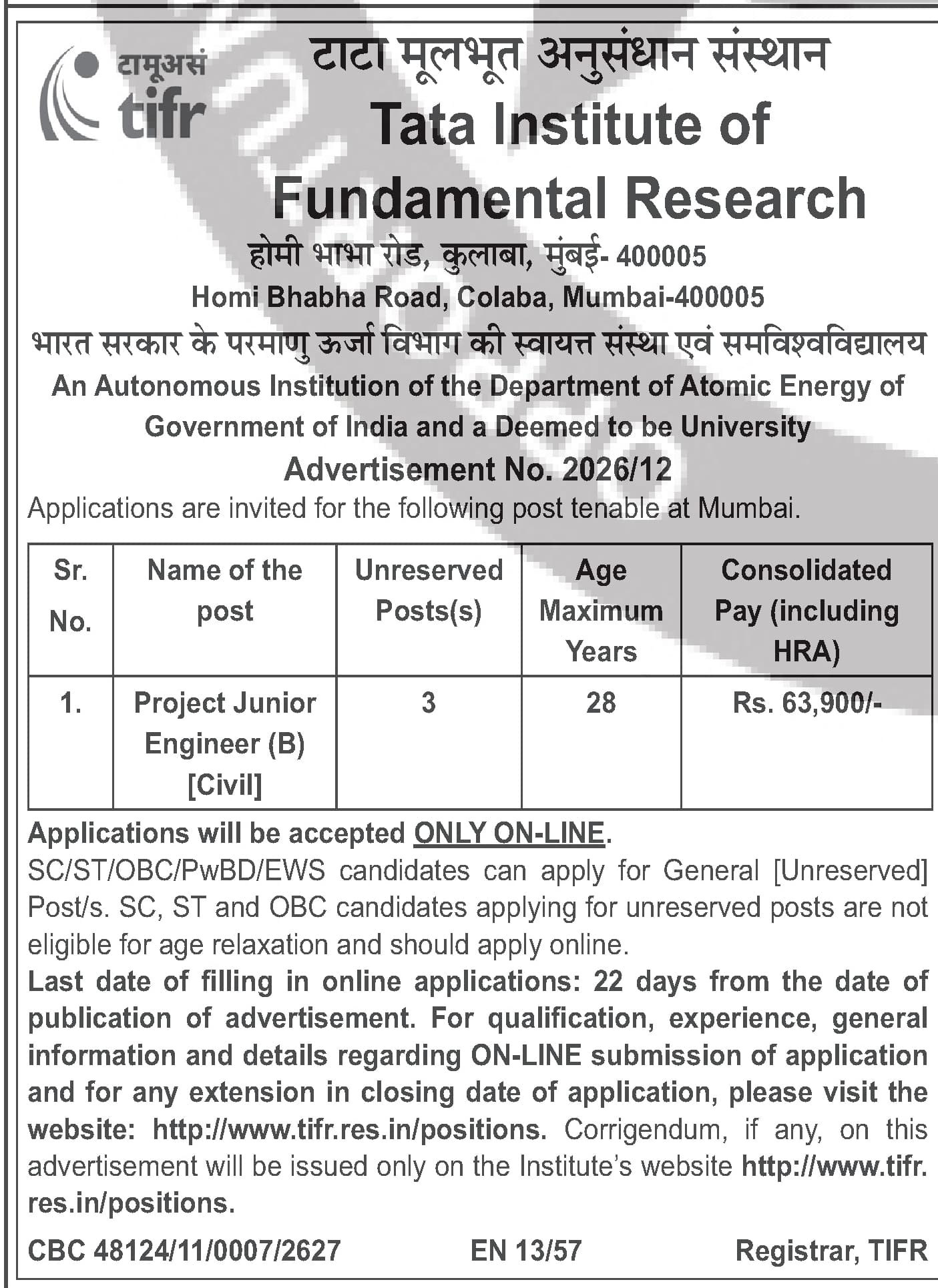 Project Junior Engineer (B) Civil - TIFR Recruitment 2026 — official Employment News notification (2026/12)