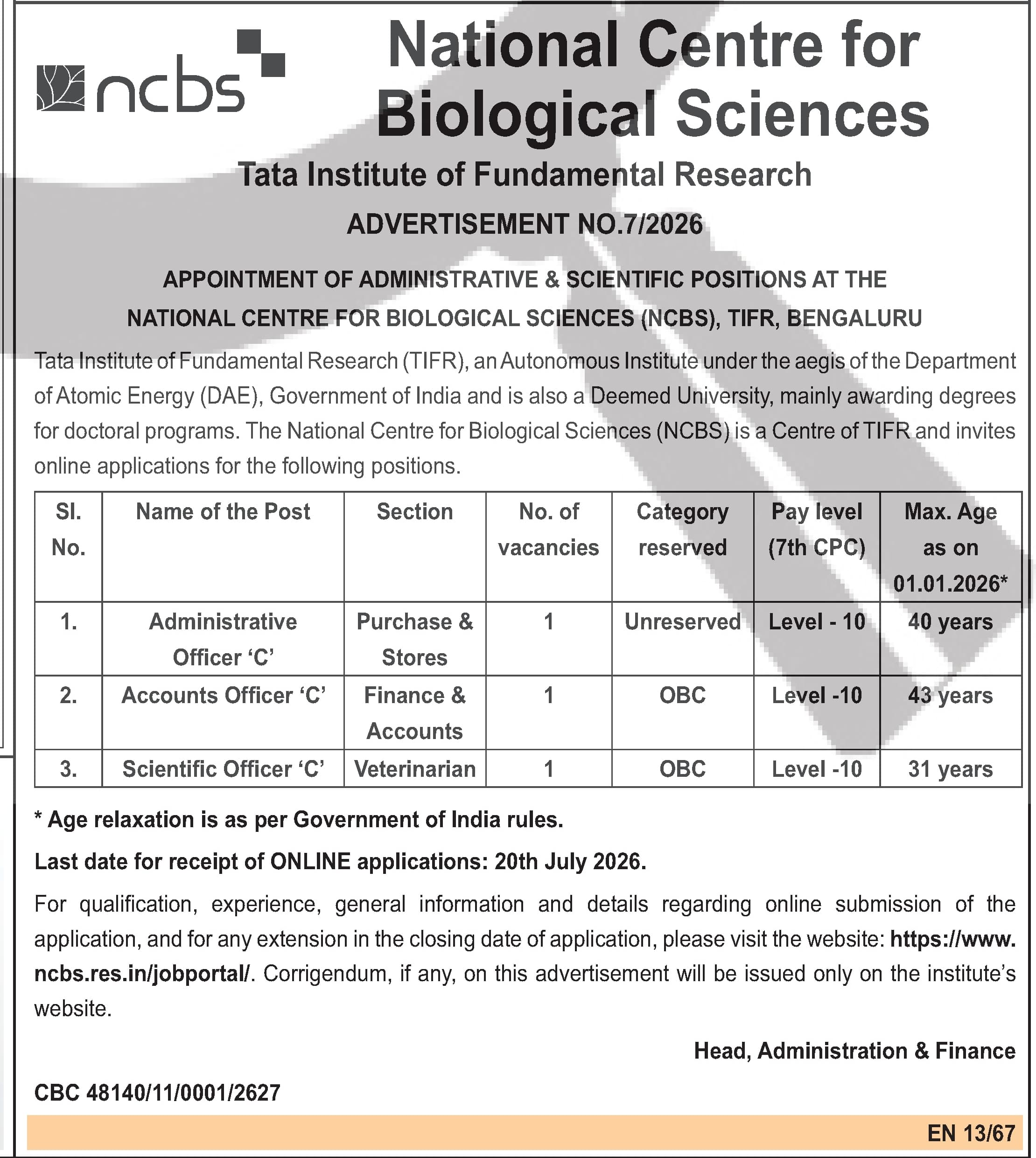 NCBS TIFR Recruitment 2026: 3 Administrative & Scientific Officer Posts — official Employment News notification (7/2026)