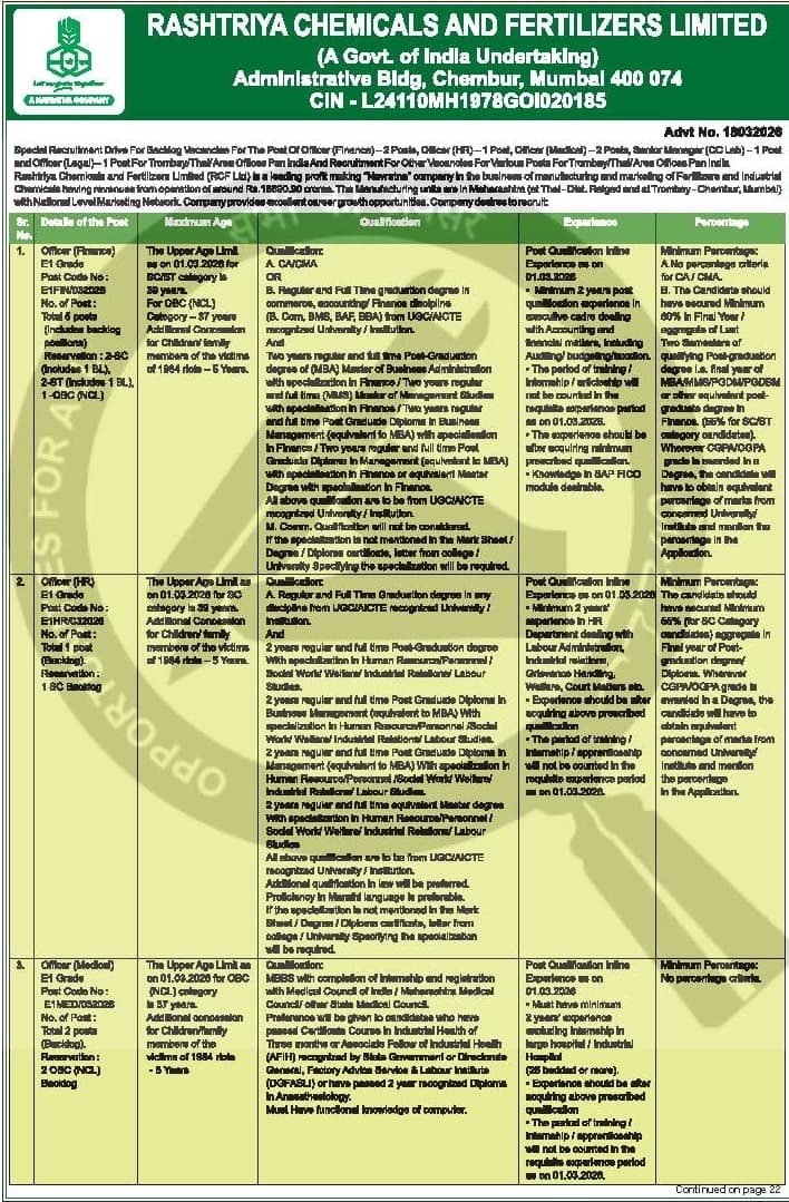 RCFL Recruitment 2026: Officers, Senior Staff & Trainee Positions — official Employment News notification (1865/2026)