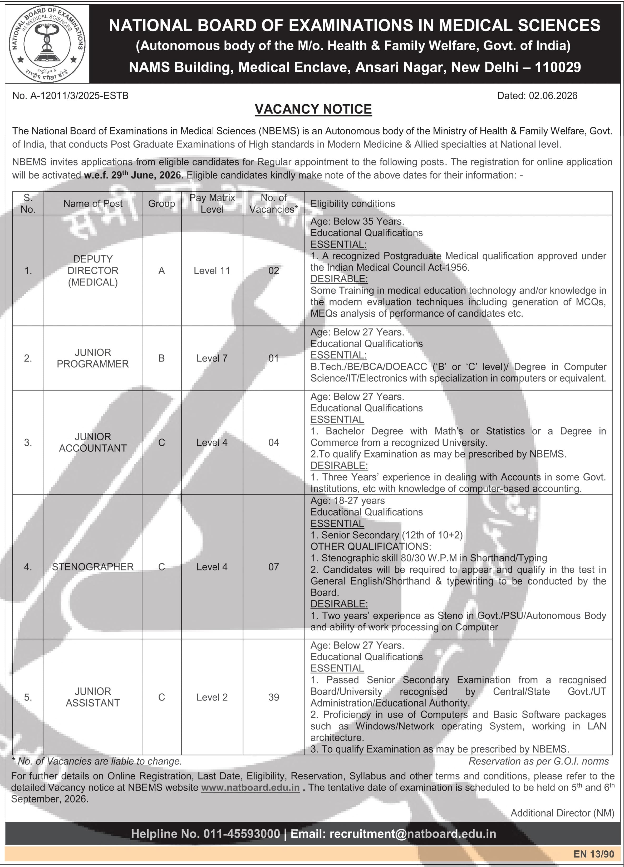 NBEMS Recruitment 2026 – Multiple Posts (53 Vacancies) — official Employment News notification (A-12011/3/2025-ESTB)