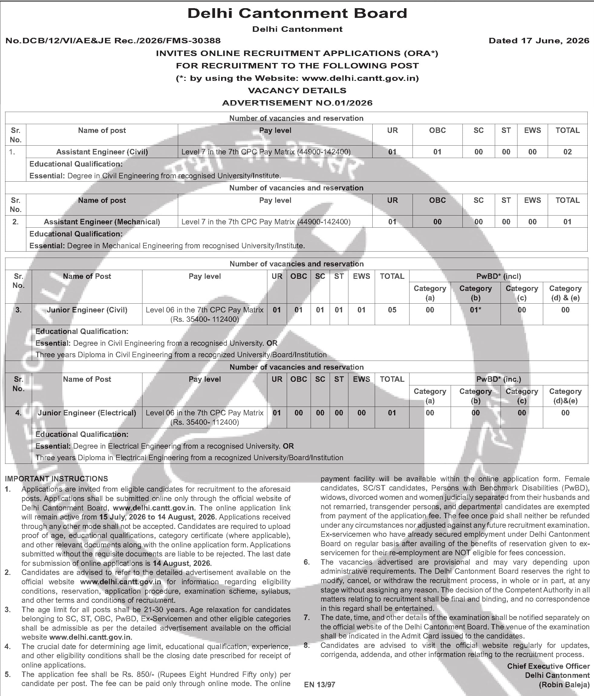 Delhi Cantonment Board - Recruitment for Engineer Posts 2026 — official Employment News notification (DCB/12/VLDE/JE Rec./2026/FMS-34358)
