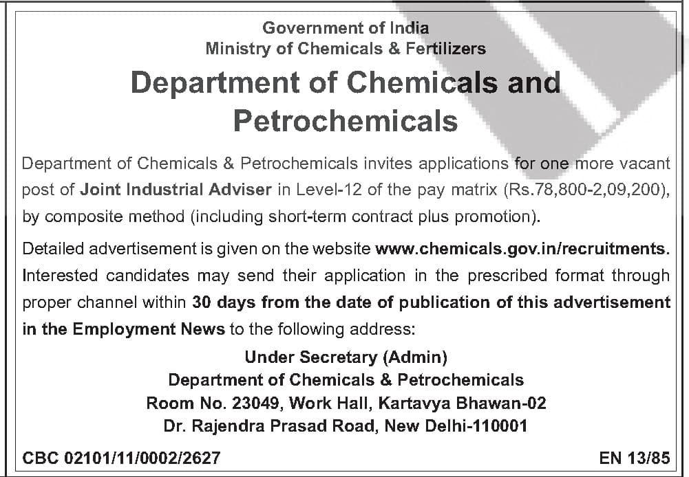 Joint Industrial Adviser (Level-12) - Department of Chemicals & Petrochemicals Recruitment — official Employment News notification (CPC 02101/11/0002/2627)