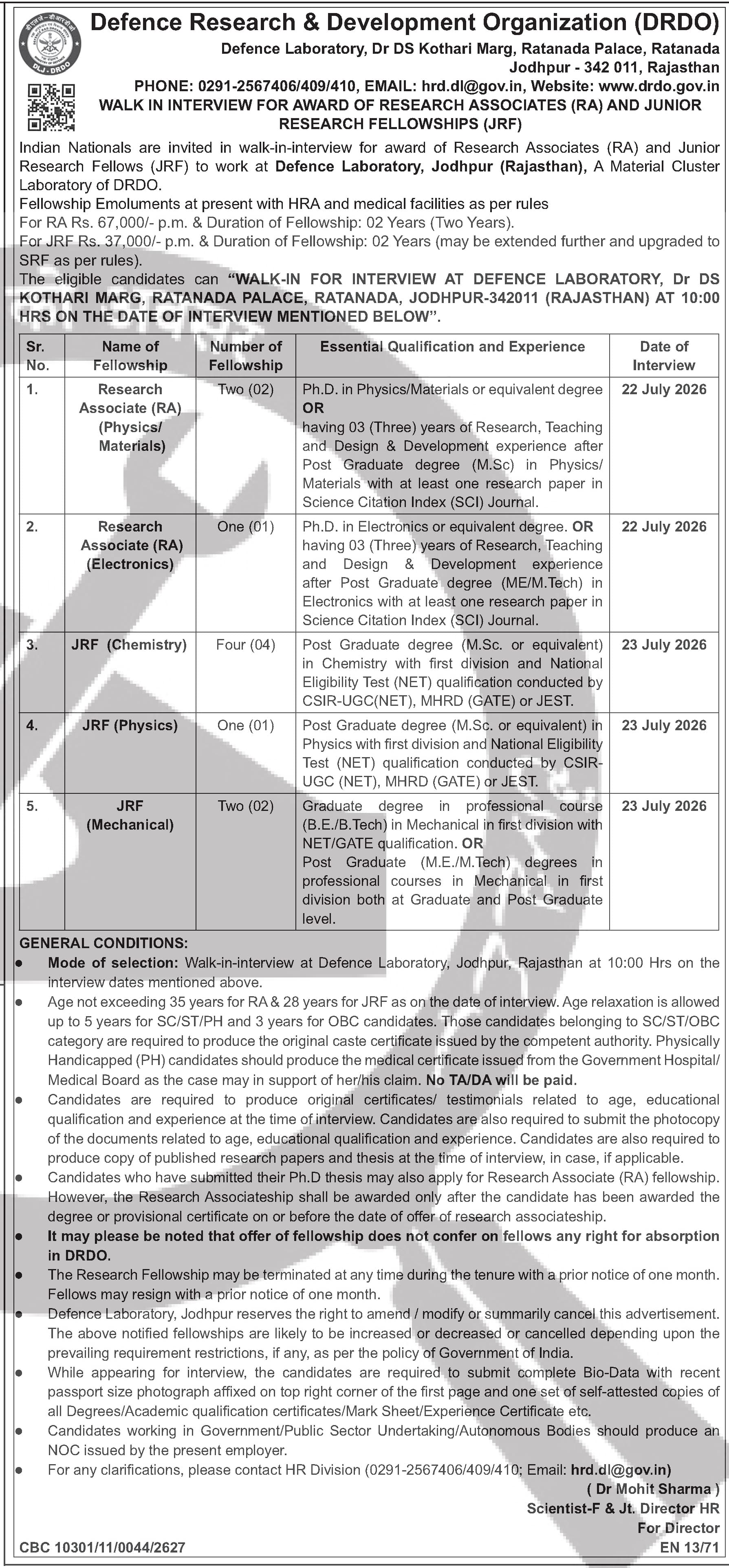 DRDO Walk-In Interview for Research Associates and Junior Research Fellows — official Employment News notification (Not specified in the clipping)