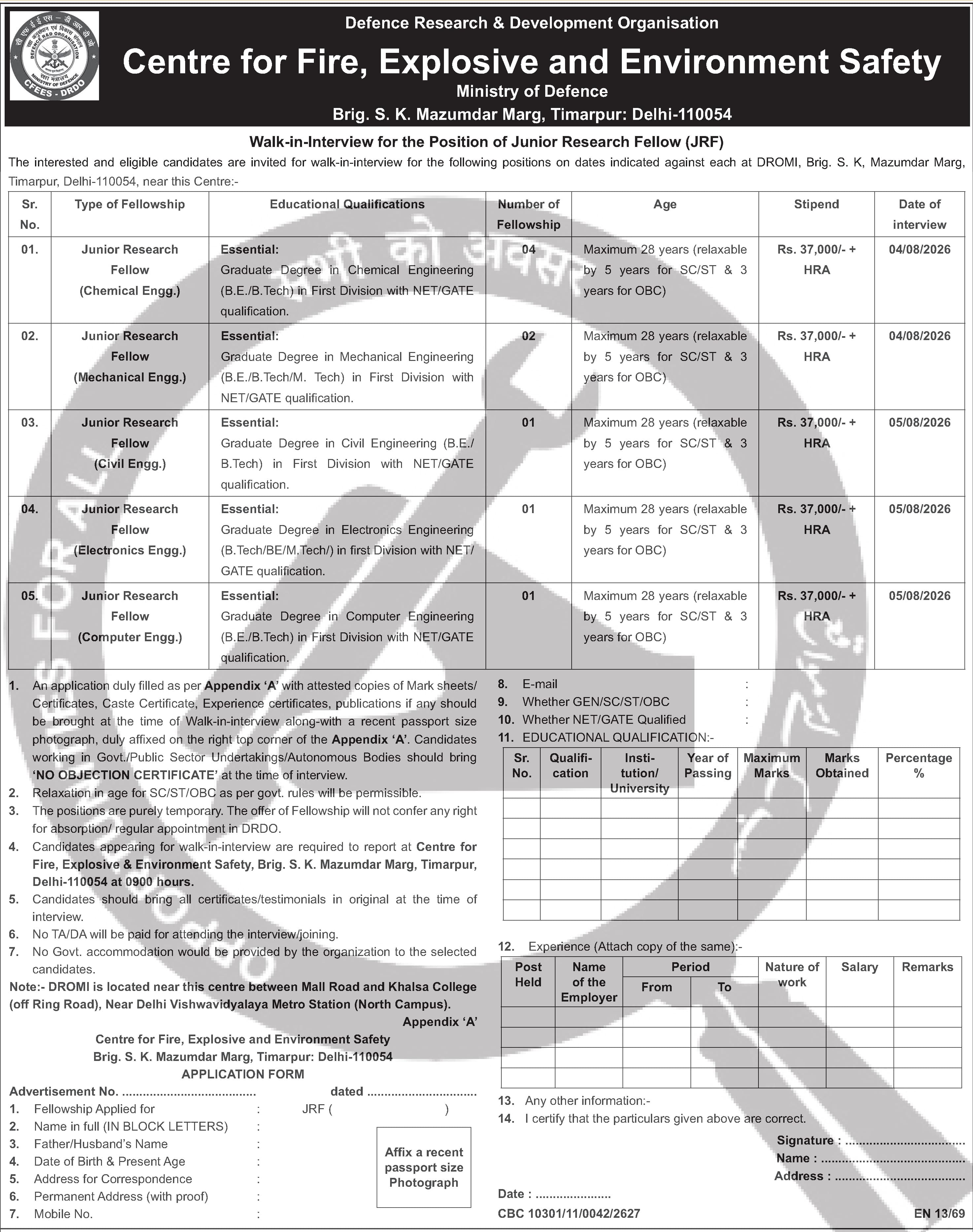 Junior Research Fellow (Multiple Engineering Disciplines) at DRDO C-FXES Delhi — official Employment News notification (Not clearly visible in the advertisement)