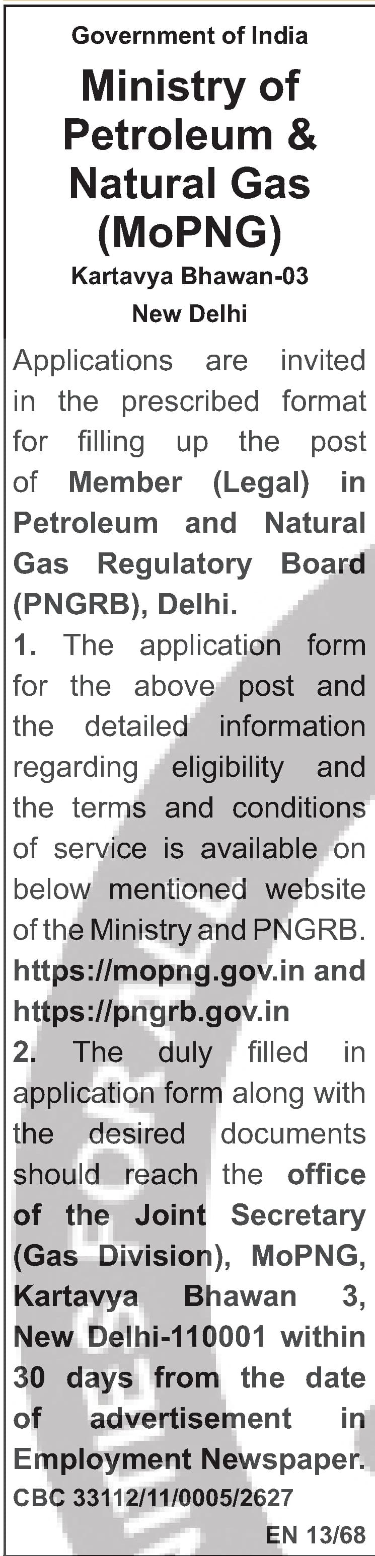 Member (Legal) in Petroleum and Natural Gas Regulatory Board (PNGRB) — official Employment News notification (CBC 33112/11/0005/2627)