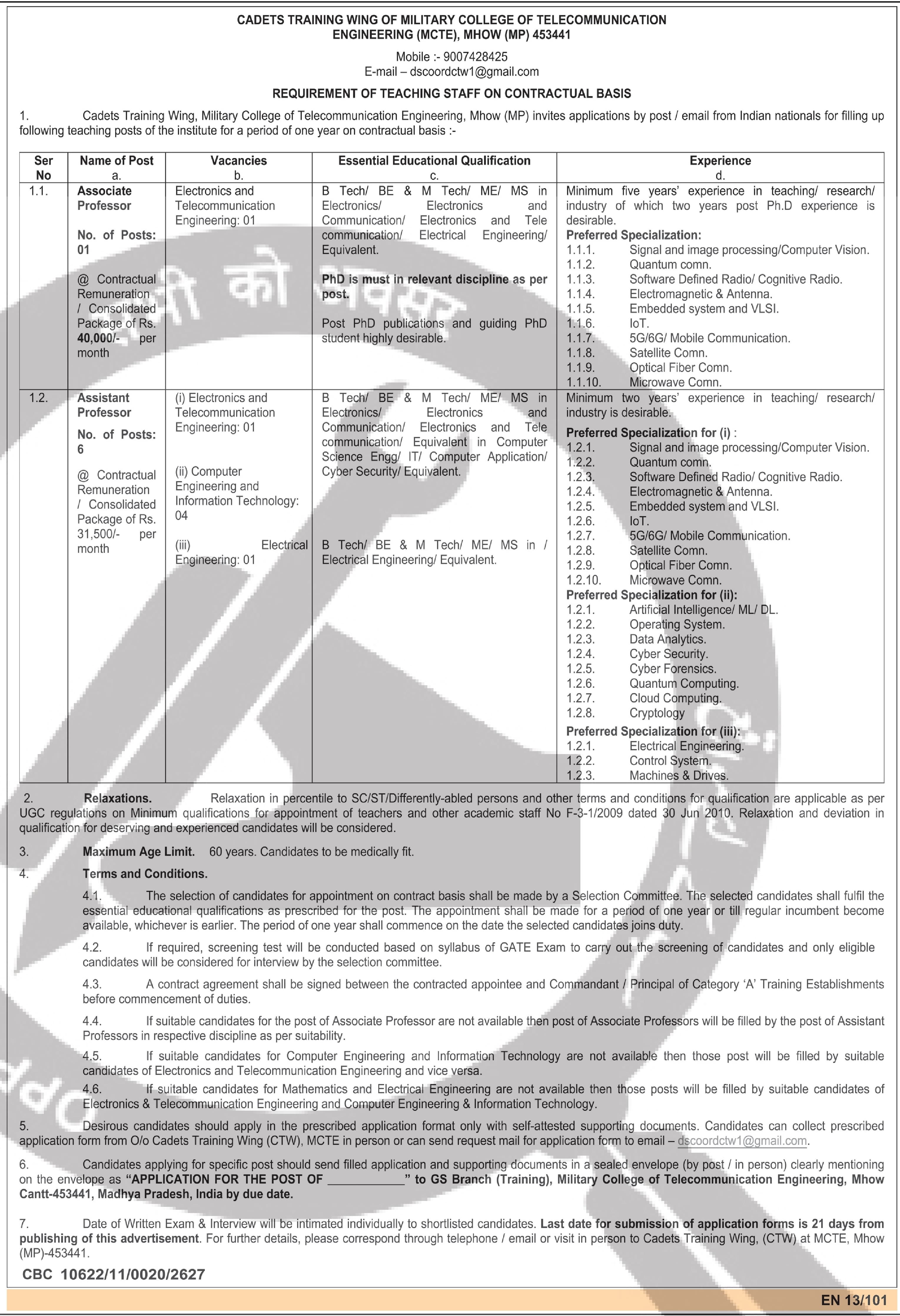 Cadets Training Wing, Military College of Telecommunication Engineering, MHOW (MP) — Requirement of Teaching Staff on Contractual Basis: Associate Professor & Assistant Professor (Electronics and Telecommunication Engineering) — official Employment News notification (CBC 10622/11/0020/2627)