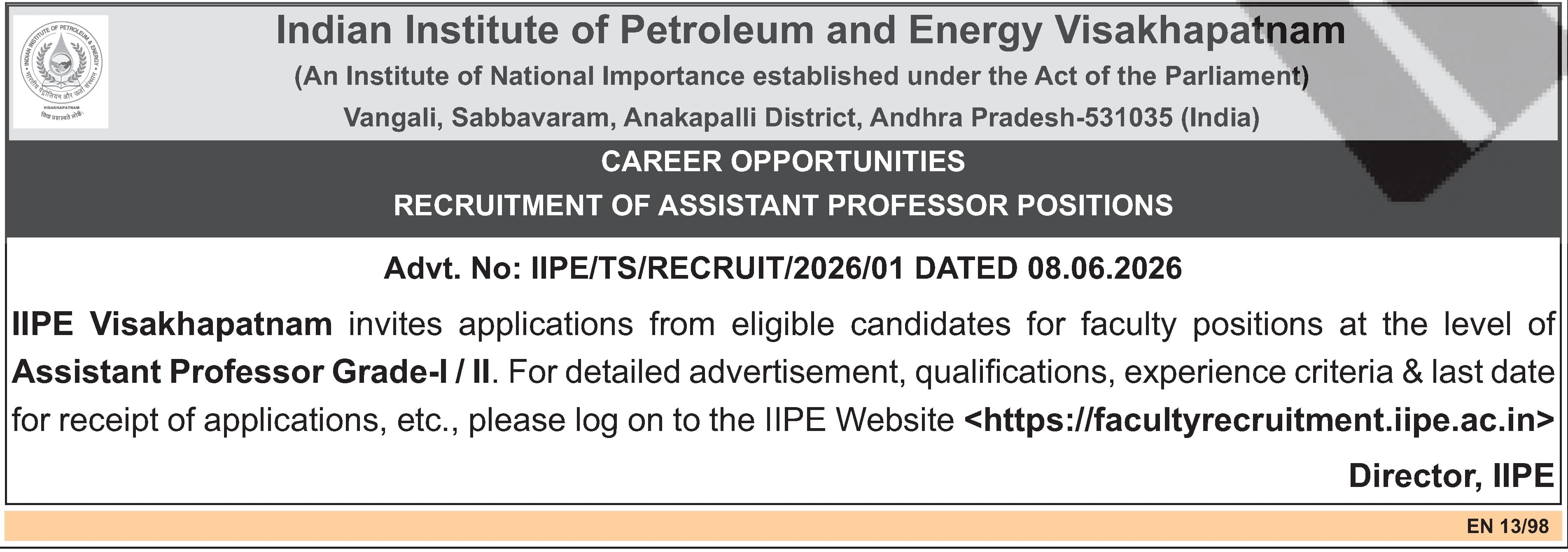 IIPE Visakhapatnam Assistant Professor Recruitment 2026 — official Employment News notification (IIPE/TS/RECRUIT/2026/01)