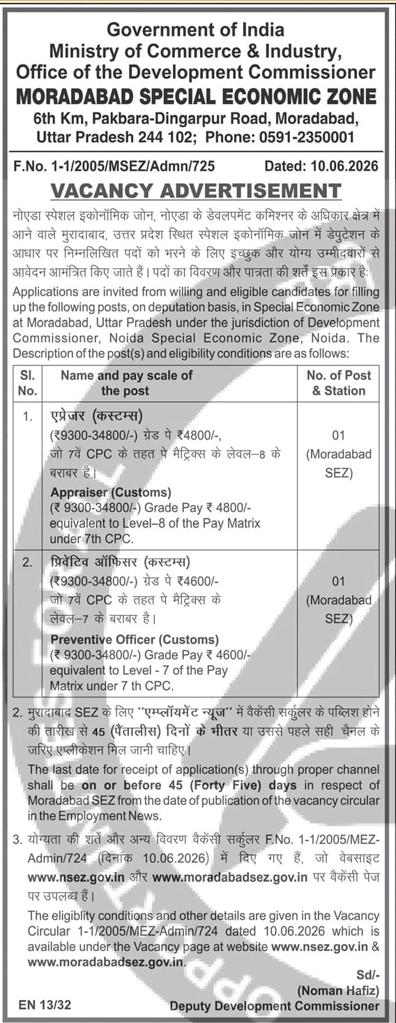 Moradabad SEZ Recruitment 2026: Appraiser & Preventive Officer (Customs) — official Employment News notification (F.No. 1-1/2005/MSEZ/Admn/725)