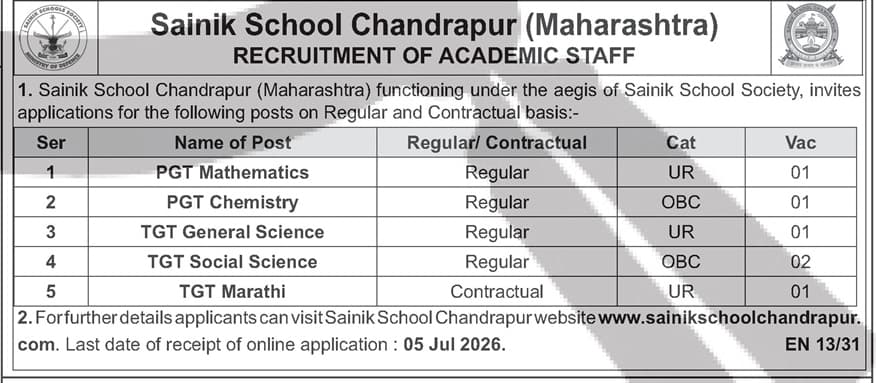 Sainik School Chandrapur Recruitment 2026 - Academic Staff (PGT & TGT) — official Employment News notification