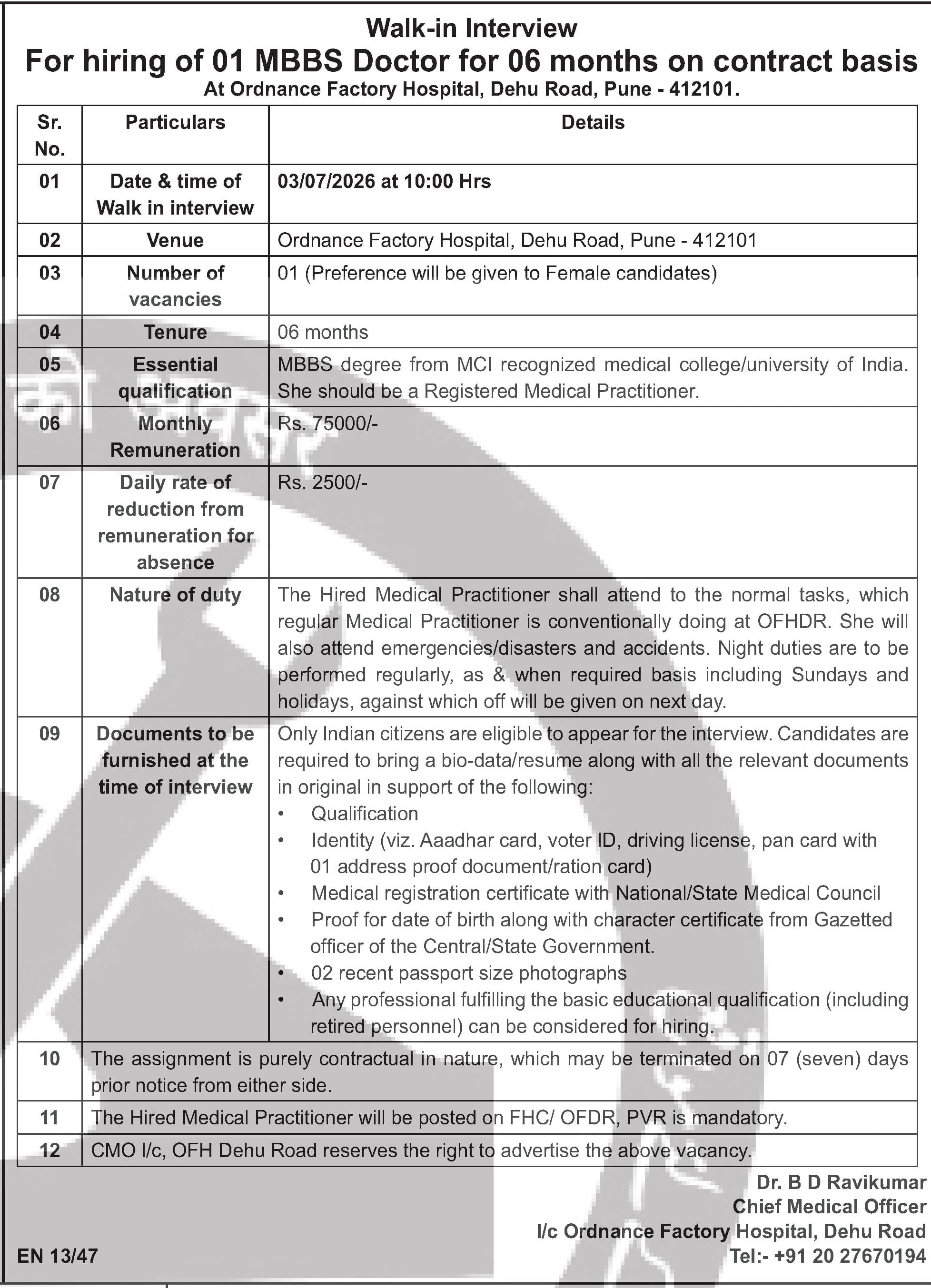 Walk-in Interview for MBBS Doctor (Contract Basis) at Ordnance Factory Hospital, Pune — official Employment News notification (EN 1347)