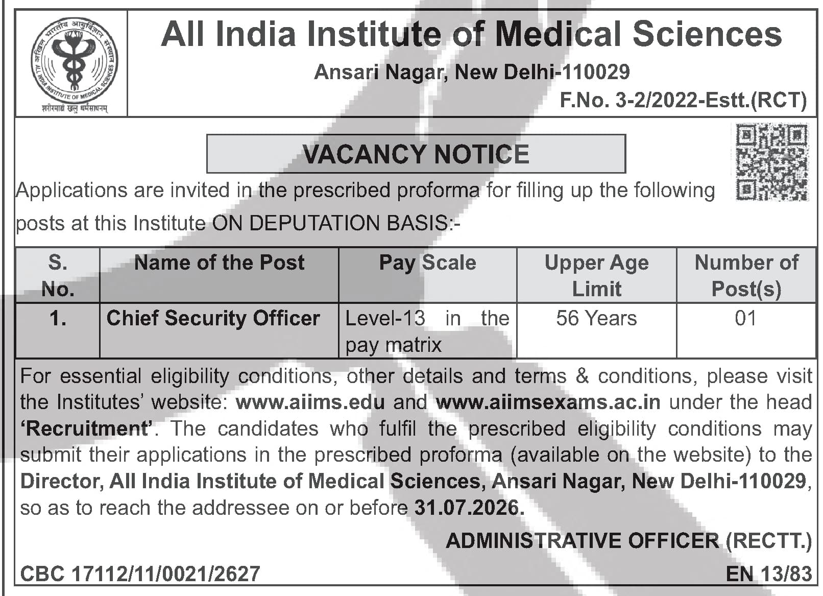 AIIMS New Delhi Chief Security Officer Recruitment 2022 — official Employment News notification (F.No. 3-2/2022-Estt.(RCT))