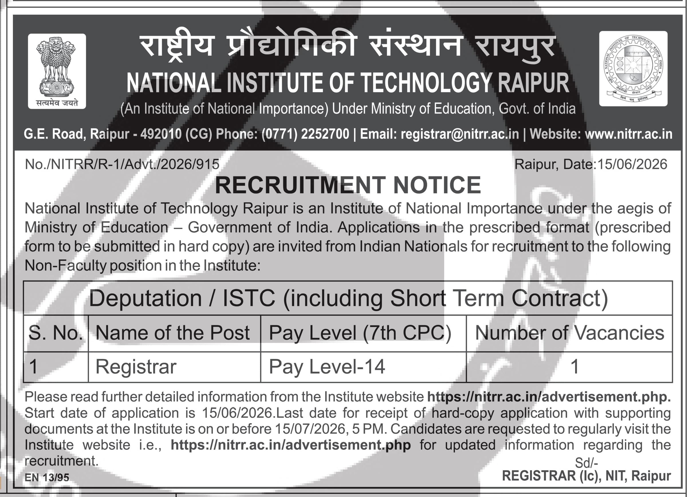 NIT Raipur Registrar Recruitment 2026 - Deputation / ISTC — official Employment News notification (No./NITRR/R-1/Advt./2026/915)