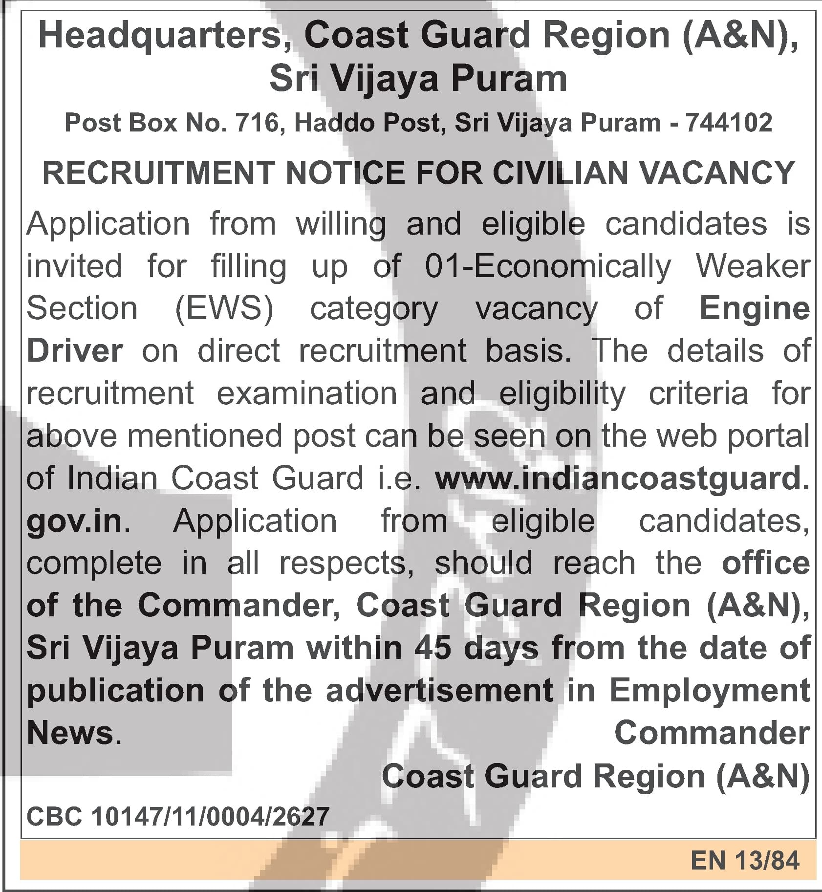 Engine Driver - Economically Weaker Section (EWS) | Coast Guard A&N Recruitment — official Employment News notification (CBC 10147/11/0004/2627)