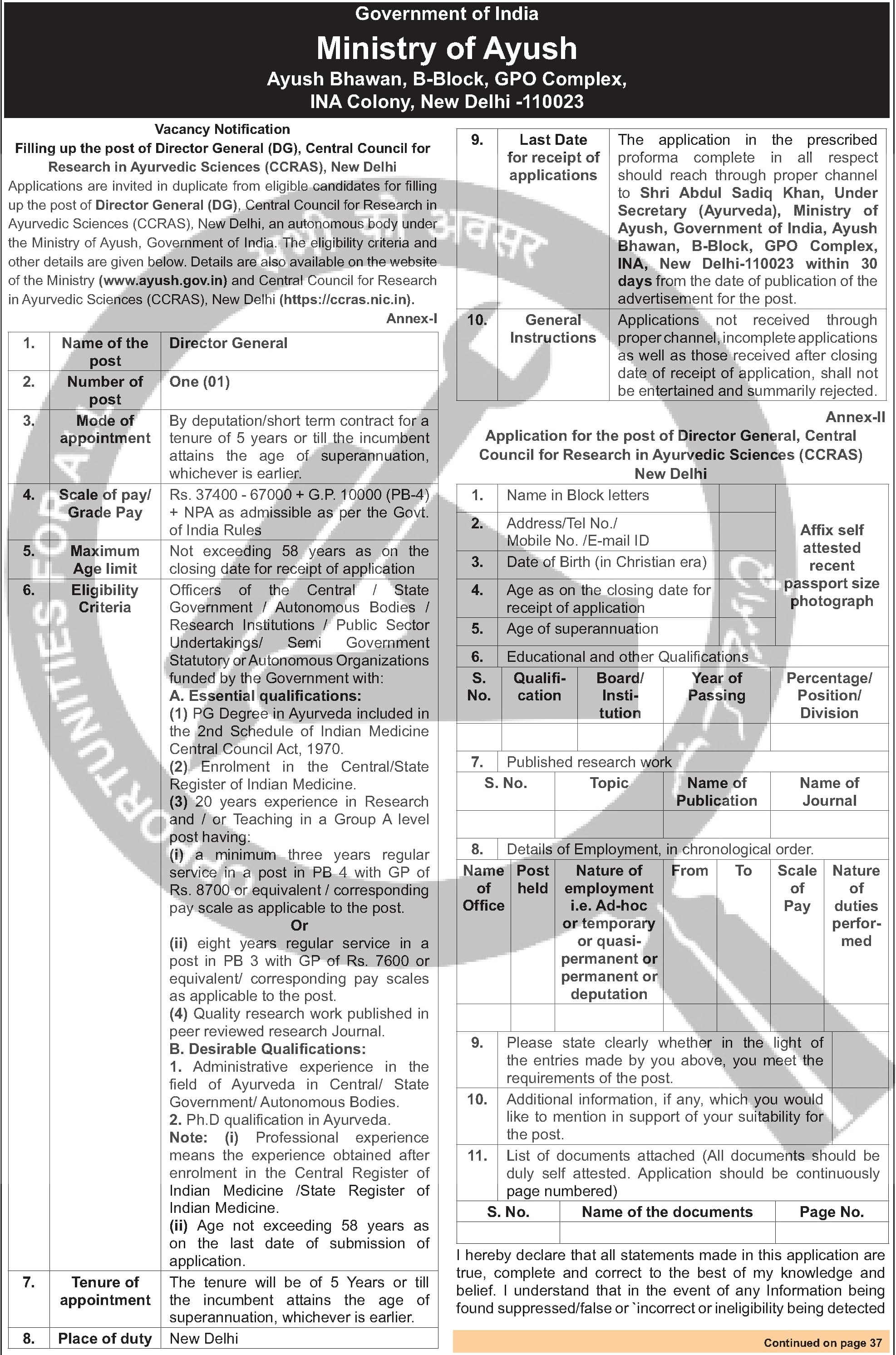 Director General at Ministry of Ayush (Central Council for Research in Ayurvedic Sciences) — official Employment News notification (CBC 17216/11/0005/2627)