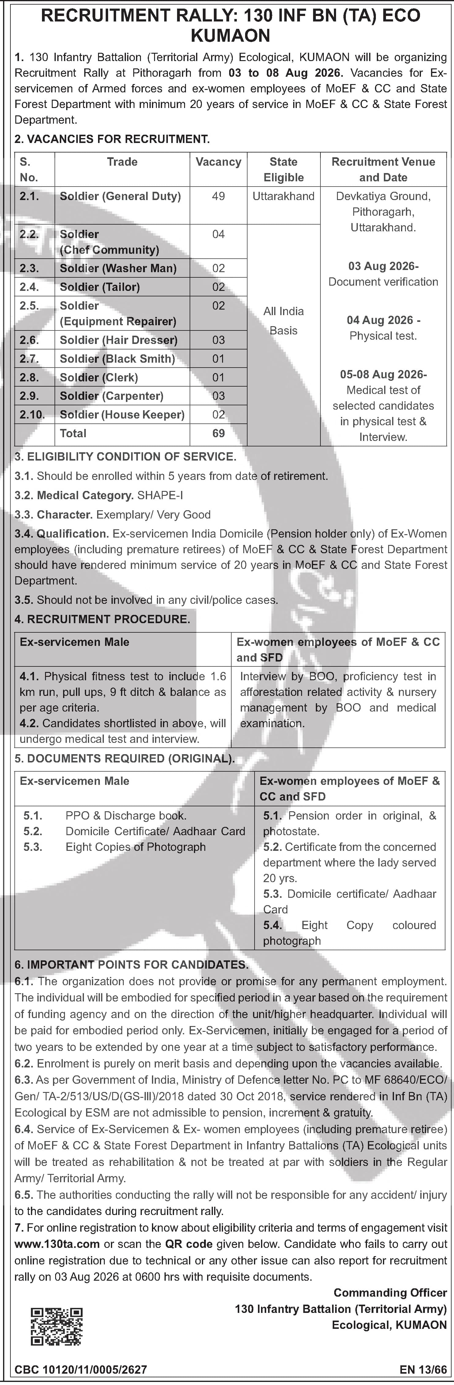 Recruitment Rally: 130 Infantry Battalion (Territorial Army) Kumaon - 130 Soldier Posts — official Employment News notification (EN 13/66)