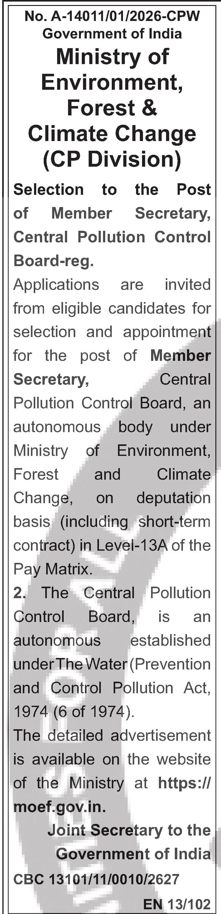 Member Secretary, Central Pollution Control Board Recruitment 2026 — official Employment News notification (A-14011/01/2026-CPW)