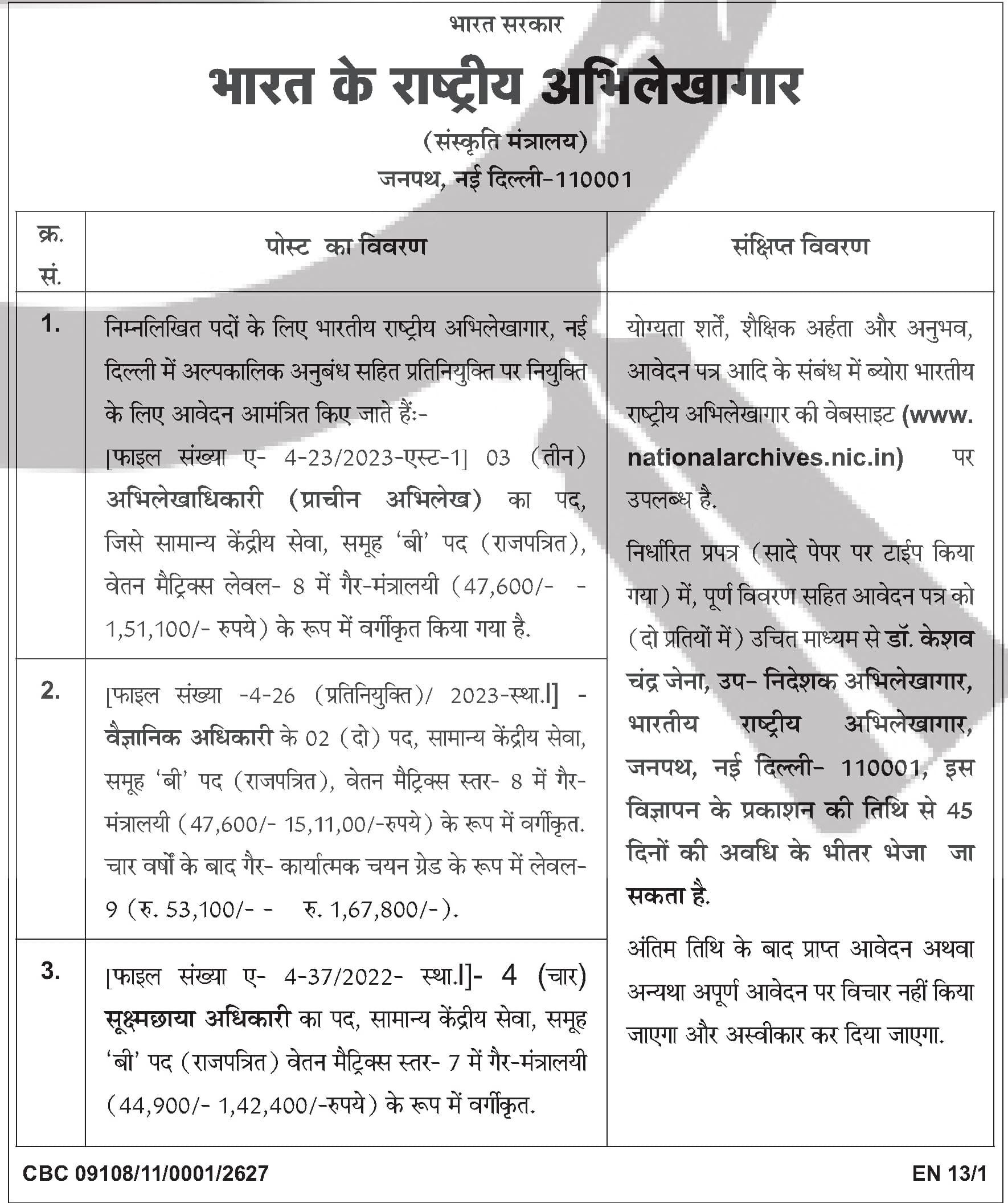 National Archives of India Recruitment 2023 - Archivists and Record Officers — official Employment News notification (CBC 09108/11/0001/2627)