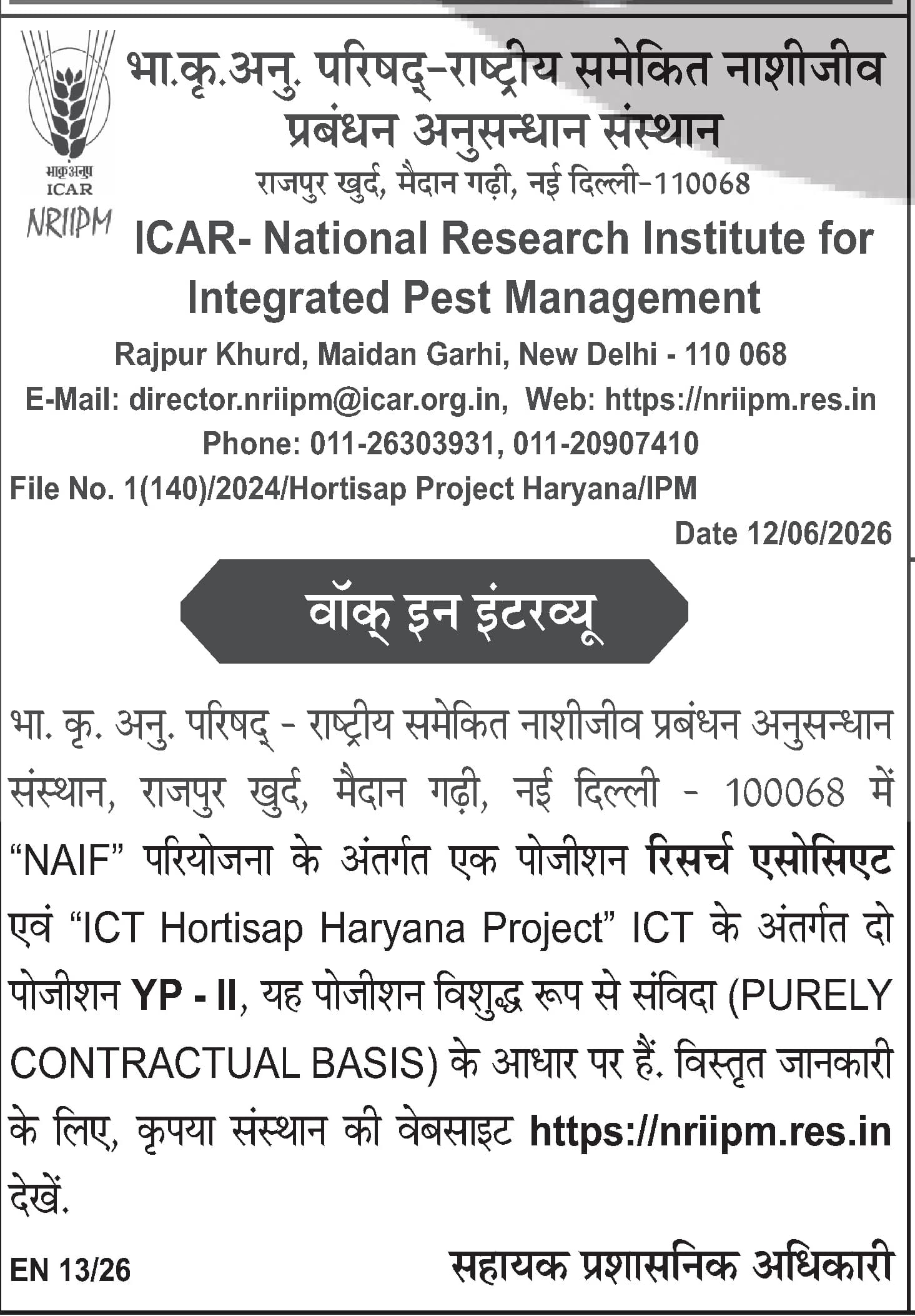 Young Professional (YP-II) - ICT Hortisap Haryana Project at NRIIPM — official Employment News notification (I(140)/2024/Hortisap Project Haryana/IPM)