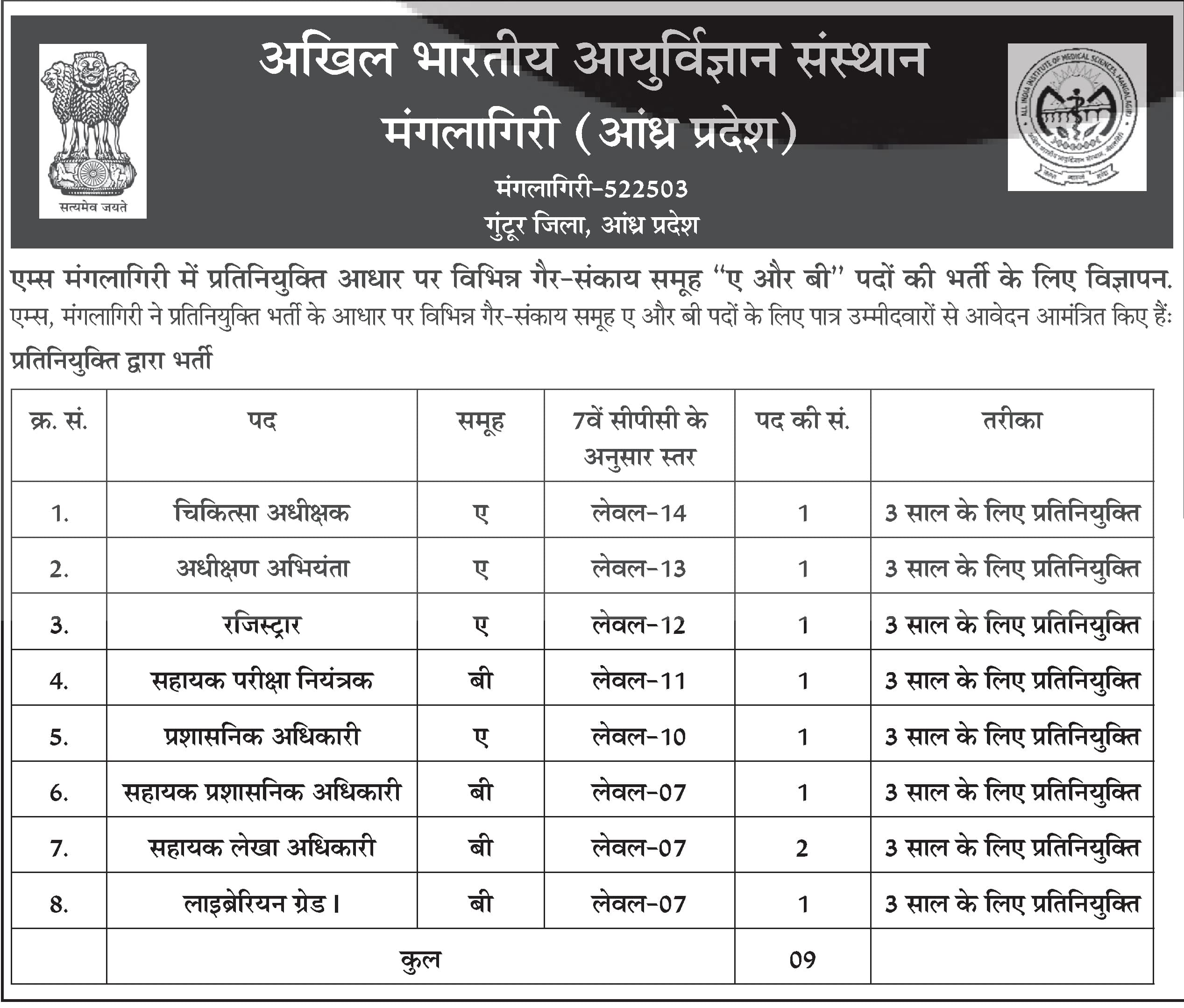 Akhil Bhartiya Ayurvigyan Sansthaan, Mangalayiri Multiple posts including Chikitsak Adhyapak, Adhyapan Adhiyeta, Rajasthu, Sahayak Pariksha Niyantrak, Prasashanik Adhikari, etc. 2026 — 9 Vacancies — official Employment News notification