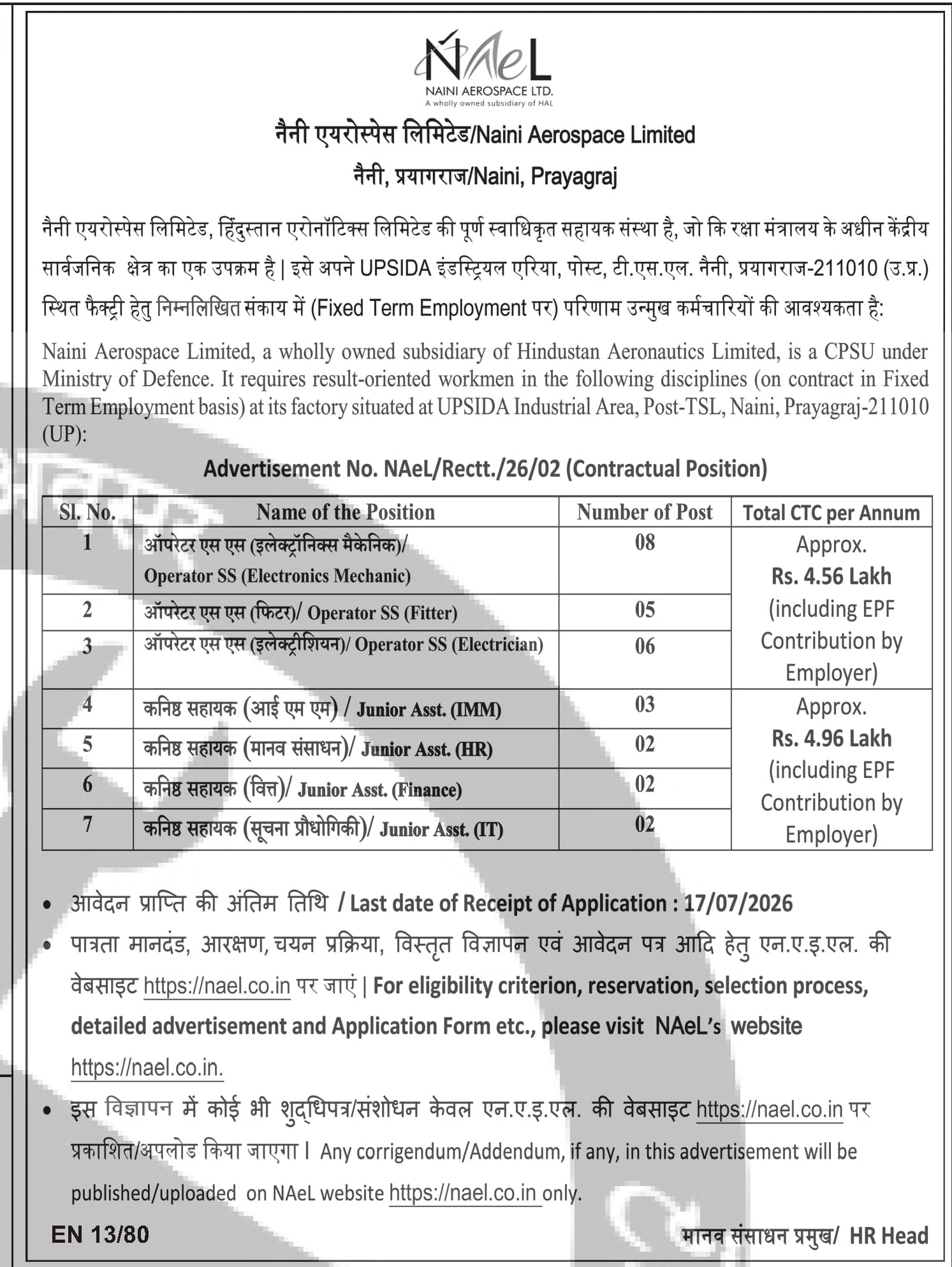 NAeL Recruitment 2026 - Multiple Contractual Positions at Naini Aerospace Limited — official Employment News notification (Rect./26/02)