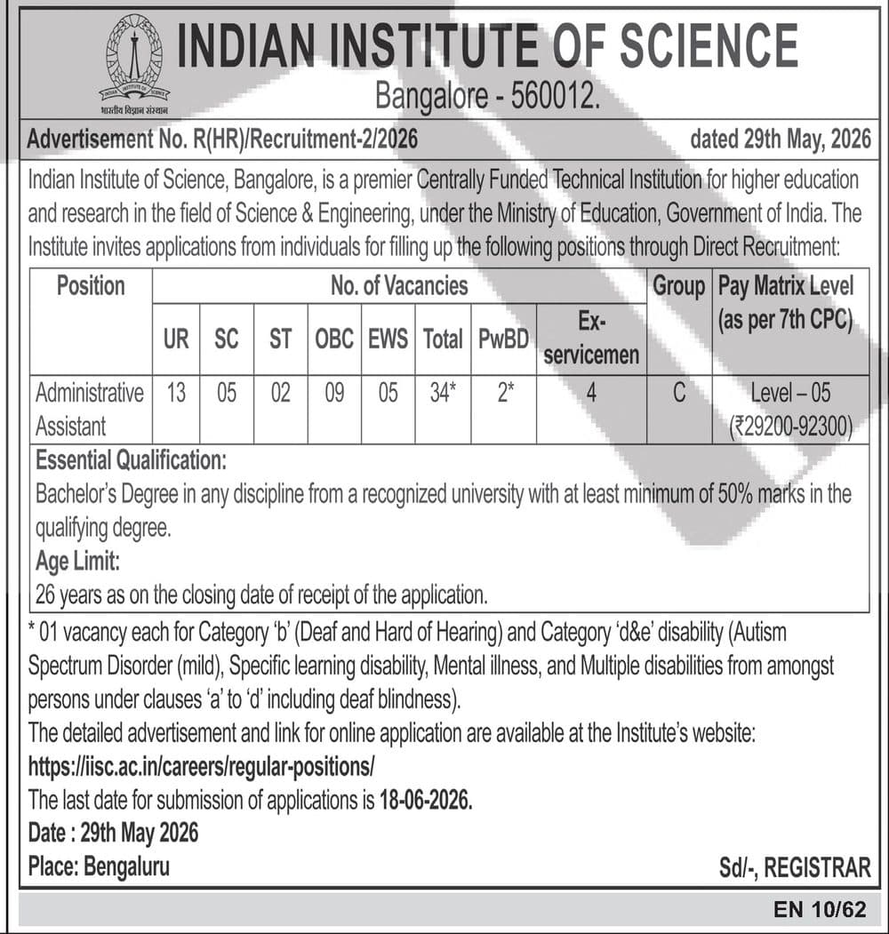IISc Bangalore Recruitment 2026 — Administrative Assistant — official Employment News notification (Advertisement No. R(HR)/Recruitment-2/2026 (dated 29th May 2026); EN 10/62)
