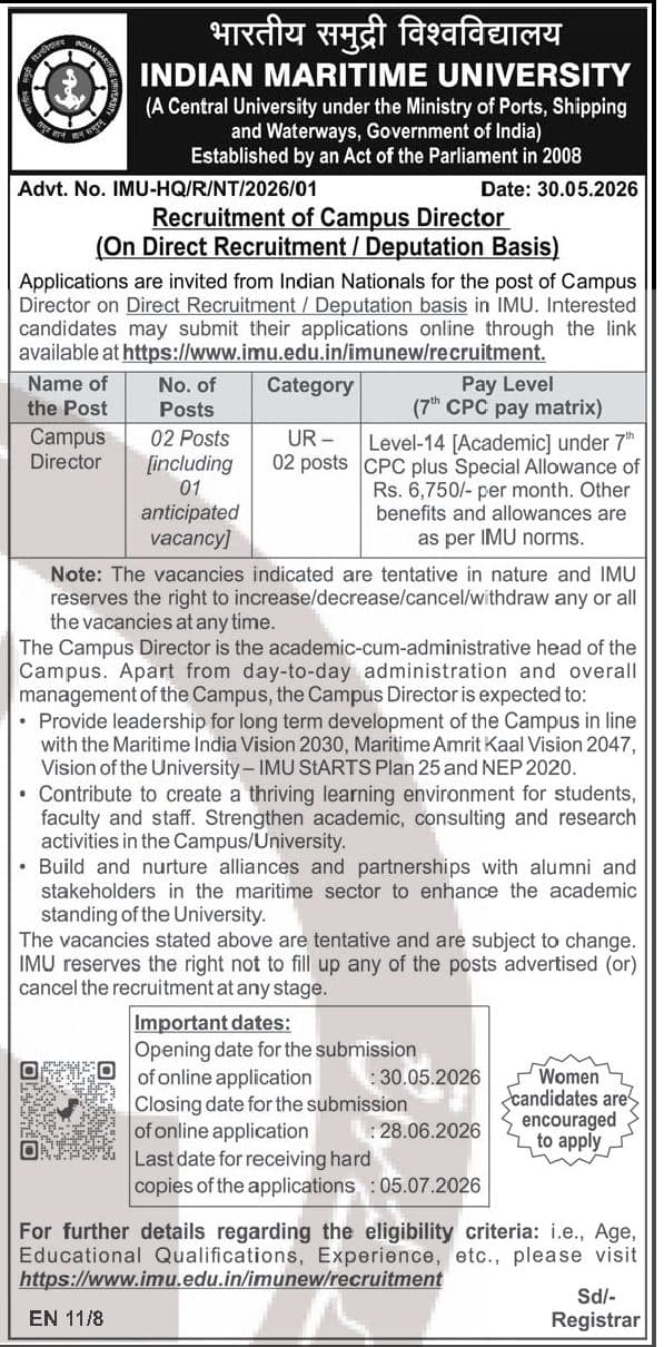 Indian Maritime University Campus Director Recruitment 2026 - 2 Posts, Apply Online by 28 June — official Employment News notification (EN 11/8 (IMU-HQ/R/NT/2026/01))