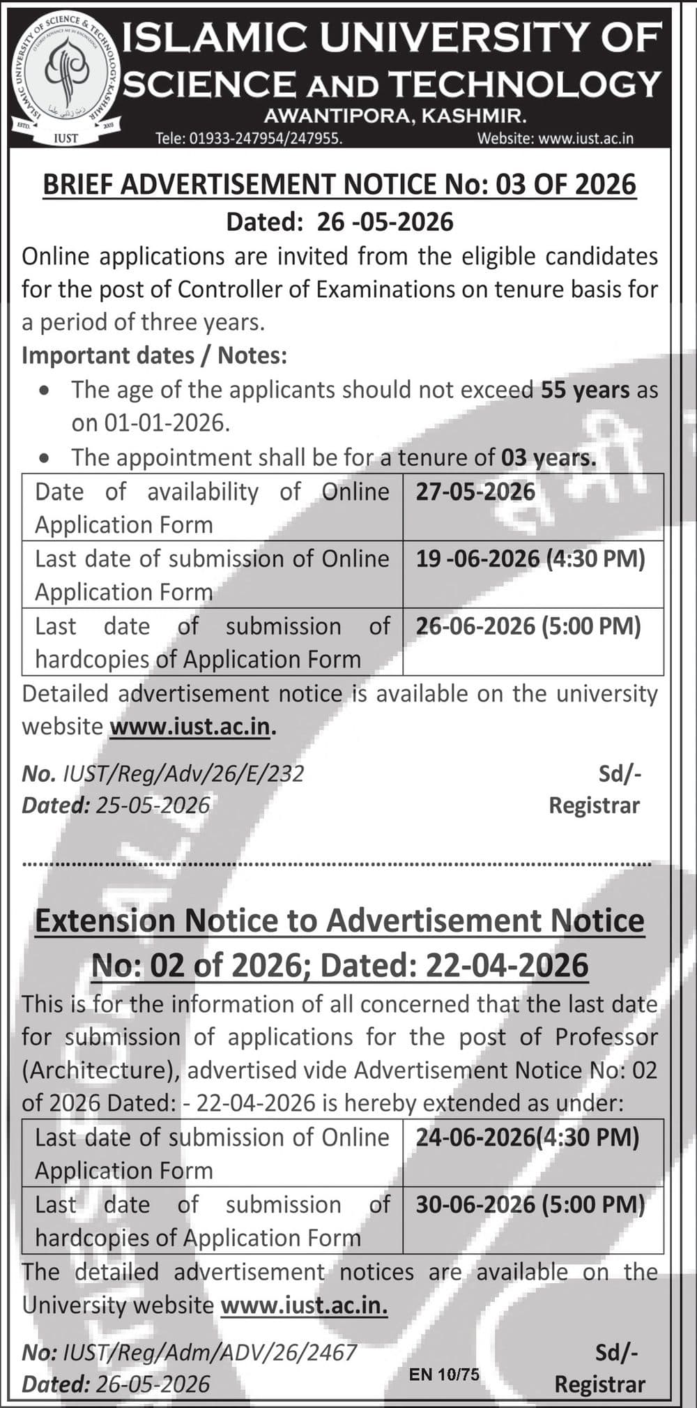 IUST Kashmir Recruitment 2026 — Controller of Examinations — official Employment News notification (Brief Advertisement Notice No. 03 of 2026 (No. IUST/Reg/Adv/26/E/232))