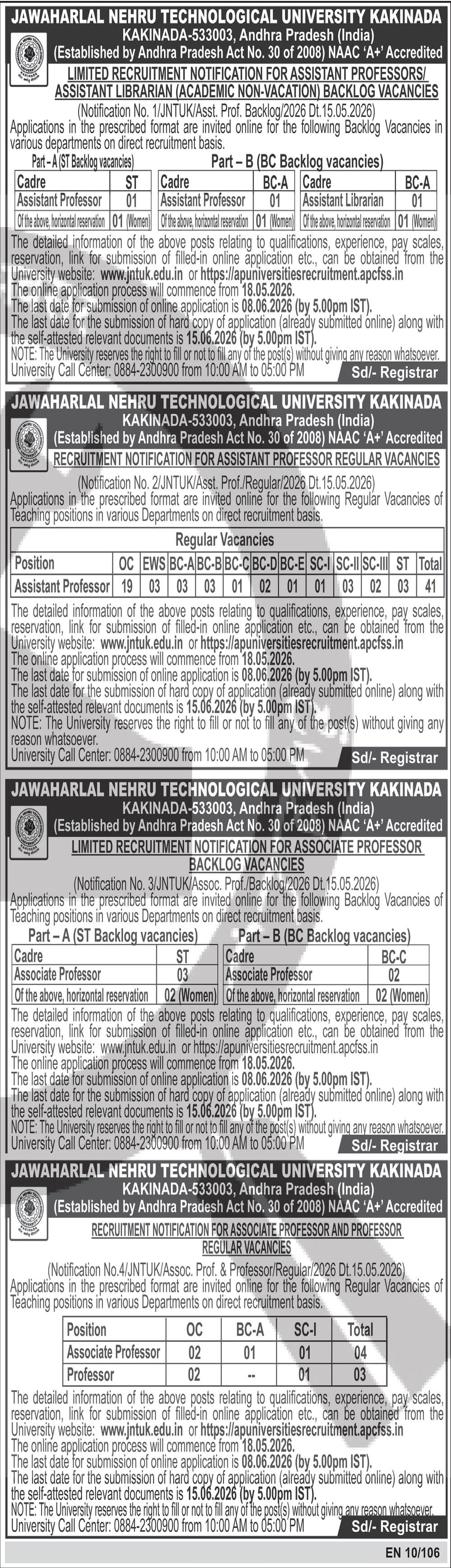 JNTU Kakinada Recruitment 2026 — Assistant / Associate / Professor — official Employment News notification (Notification No. 1/JNTUK/Asst. Prof. Backlog/2026; No. 2/JNTUK/Asst. Prof./Regular/2026; No. 3/JNTUK/Assoc. Prof./Backlog/2026; No. 4/JNTUK/Assoc. Prof. & Professor/Regular/2026 (all Dt. 15.05.2026); EN 10/106)