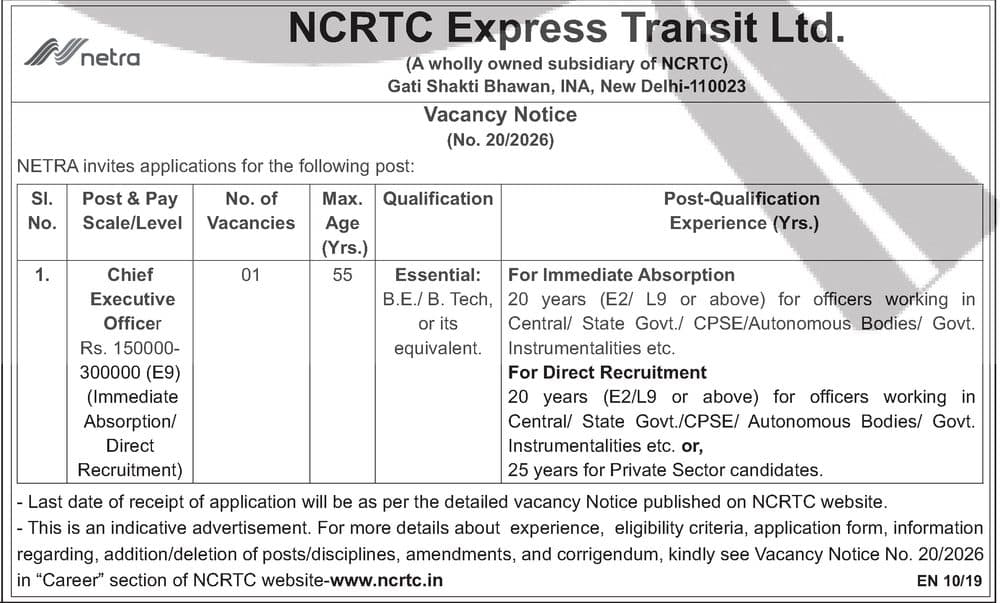 NCRTC NETRA Recruitment 2026 — Chief Executive Officer — official Employment News notification (Vacancy Notice No. 20/2026; EN 10/19)