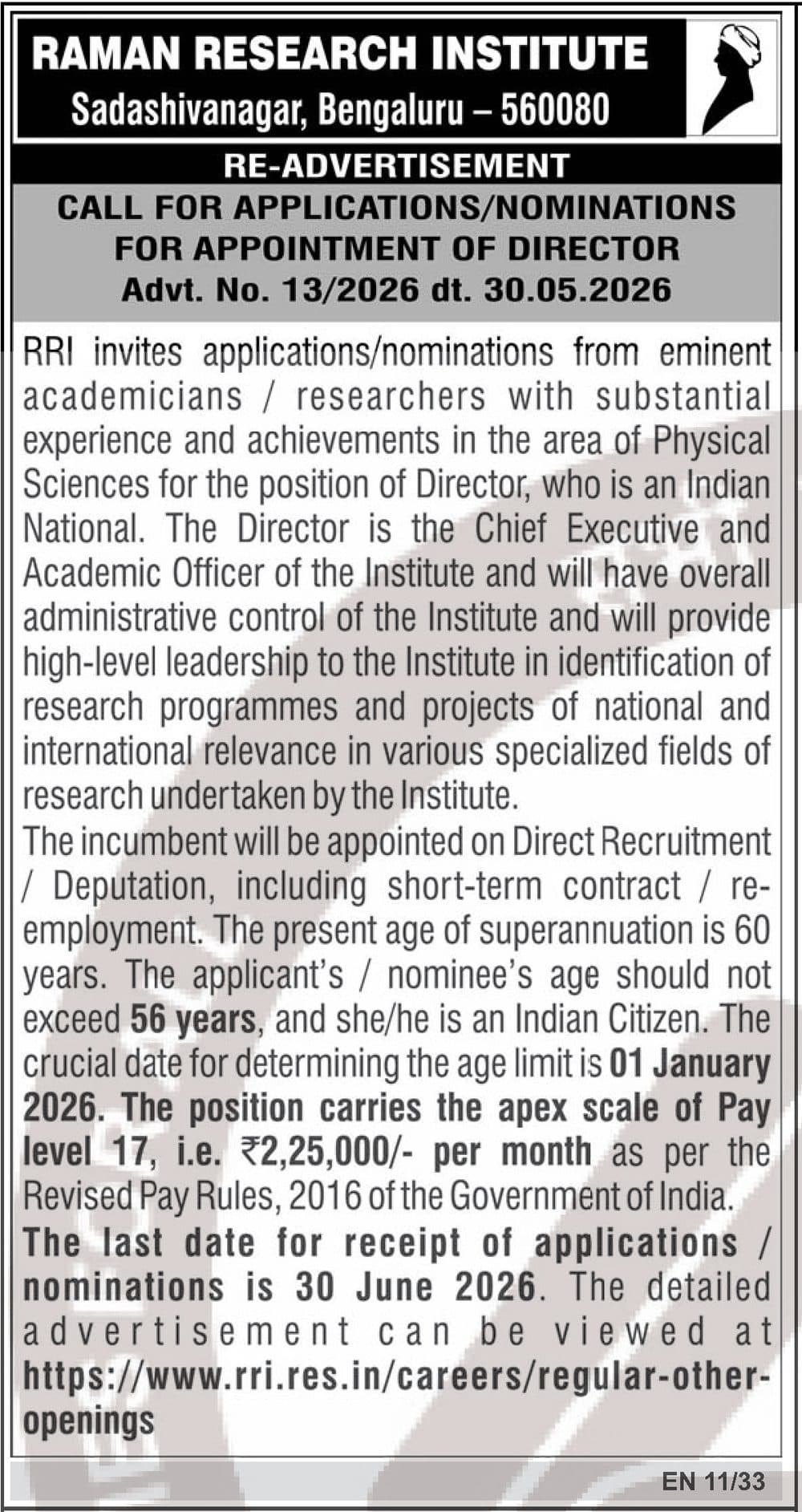 Raman Research Institute Director Recruitment 2026 - 1 Post, Apply by 30 June — official Employment News notification (EN 11/33 (Advt. No. 13/2026 dt. 30.05.2026))