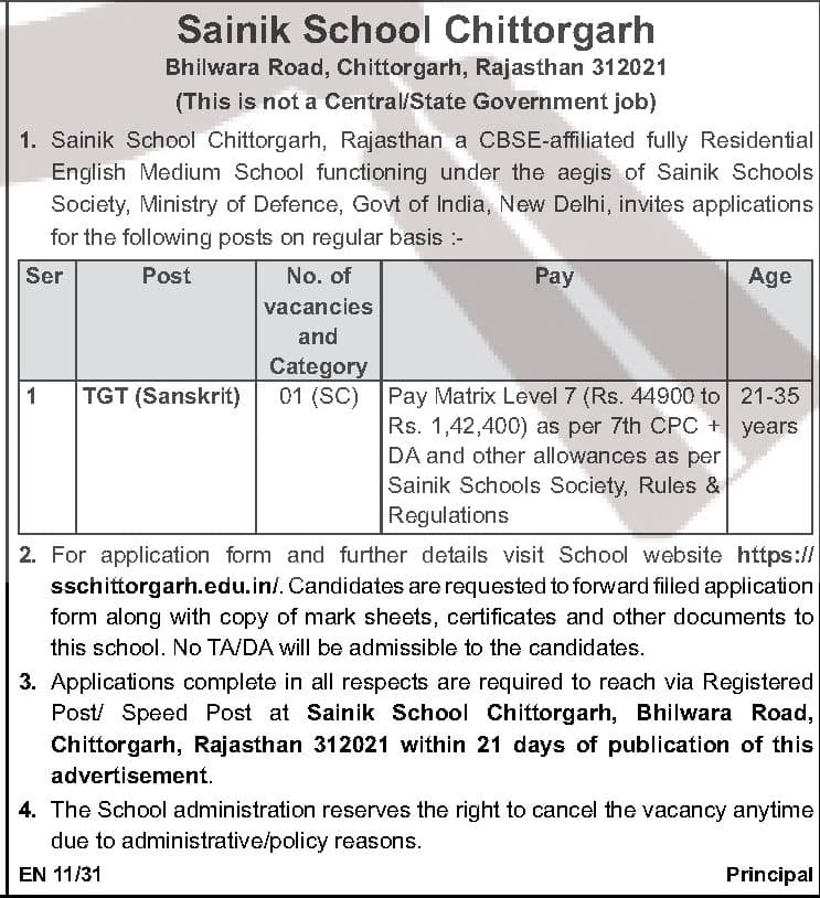 Sainik School Chittorgarh TGT (Sanskrit) Recruitment 2026 - 01 Post — official Employment News notification (EN 11/31)