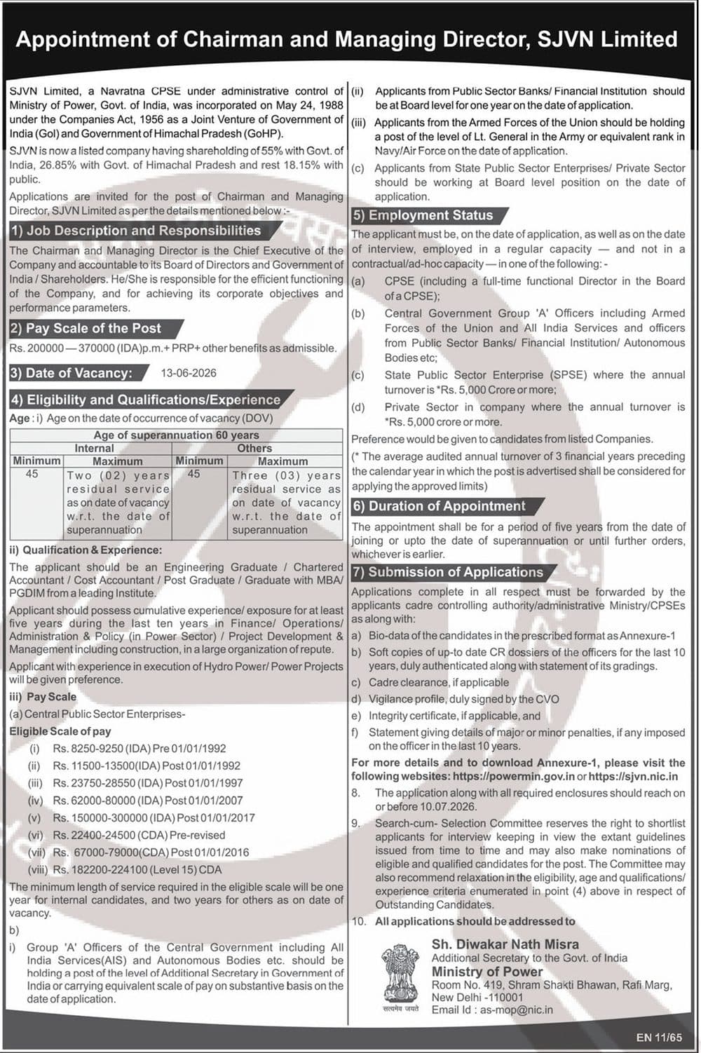 SJVN Limited Chairman and Managing Director Recruitment 2026 - 1 Post, Apply by 10 July — official Employment News notification (EN 11/65)